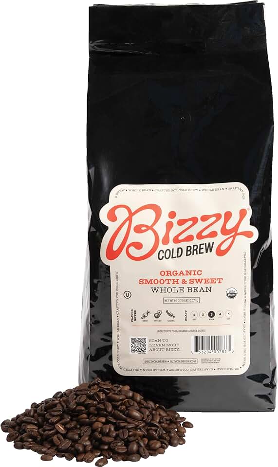 Bizzy Organic Cold Brew Coffee | Smooth &amp; Sweet Blend | Whole Bean Coffee | Medium Roast | 100% Arabica | 5 LB USDA Organic
