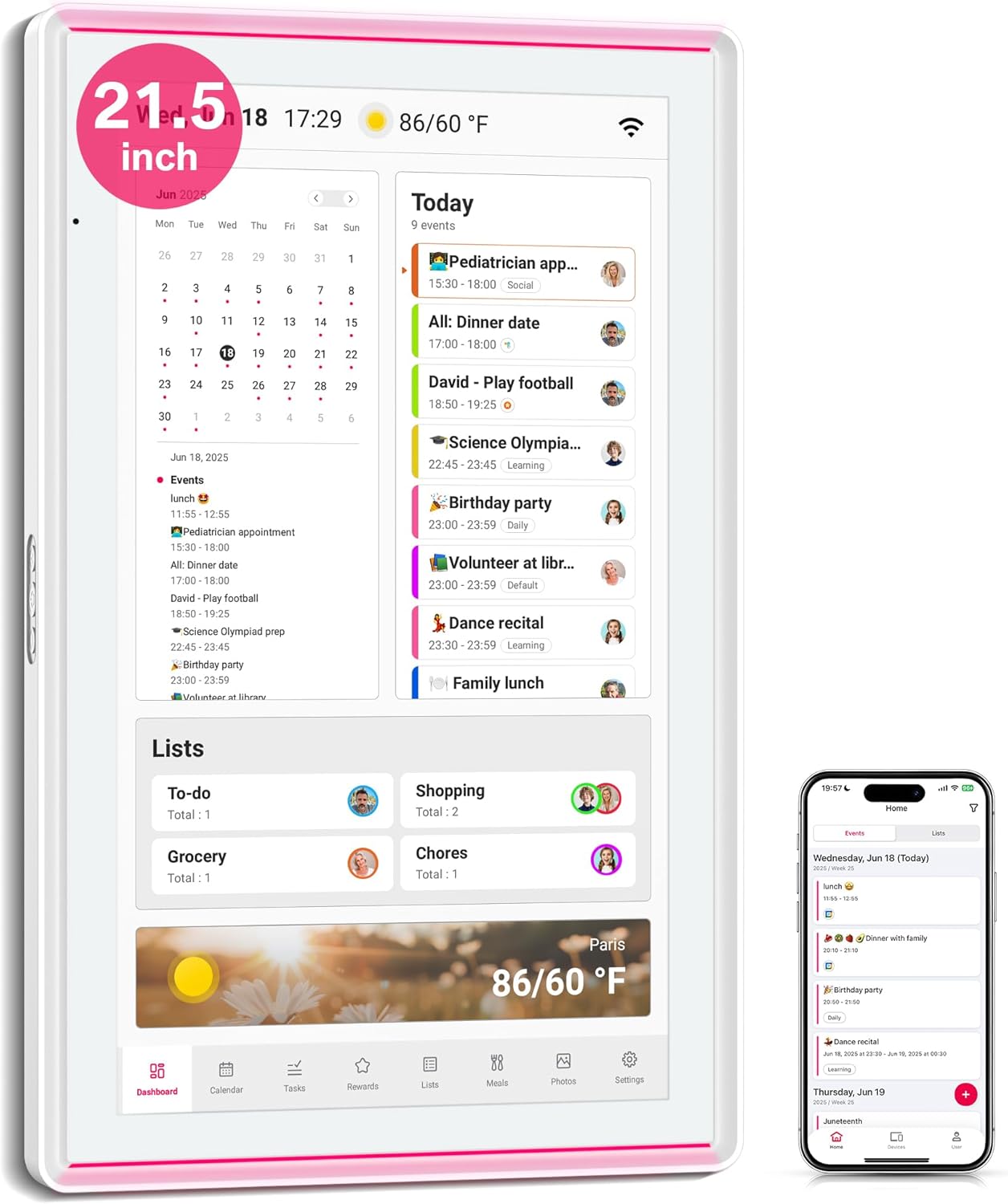 21.5 Inch Digital Calendar, Full HD Touchscreen Smart Planner for Family Schedules – Wall Mount, Great for Seamless Daily Planning & Household Organization, with LED Reminder Light
