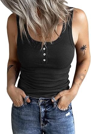 Womens Sleeveless Ribbed Knit Henley Tank Tops Slim Fit Stretchy Summer Casual Top Shirts