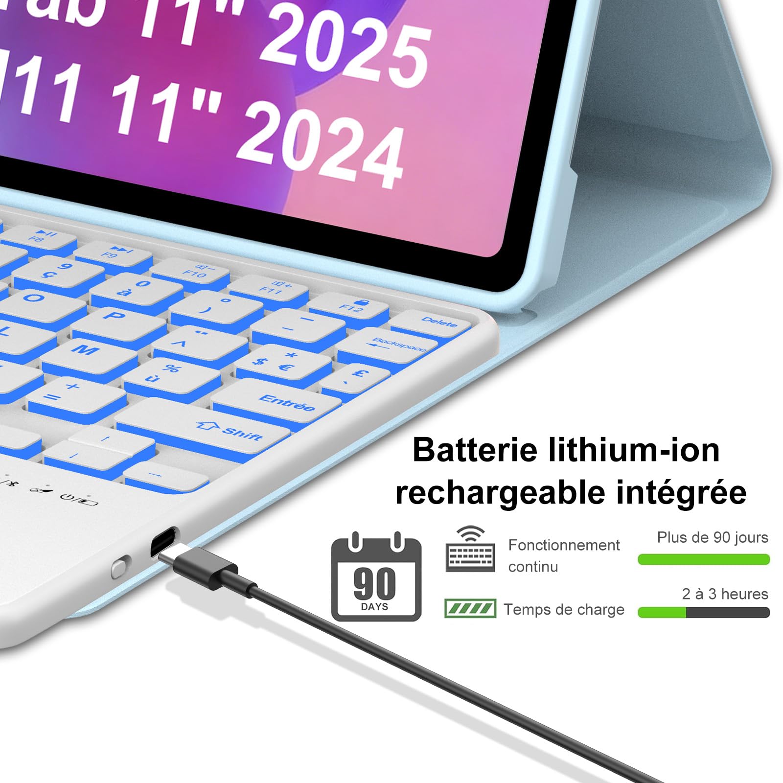 FOGARI Per Lenovo Idea Tab 2025 11/Tab M11 2024 11 Pollici Cover Tastiera | Custodia Tastiera Bluetooth Rimovibile con Retroilluminazione 7 colori e Touchpad, Keyboard Wireless Portatile, Azzurro