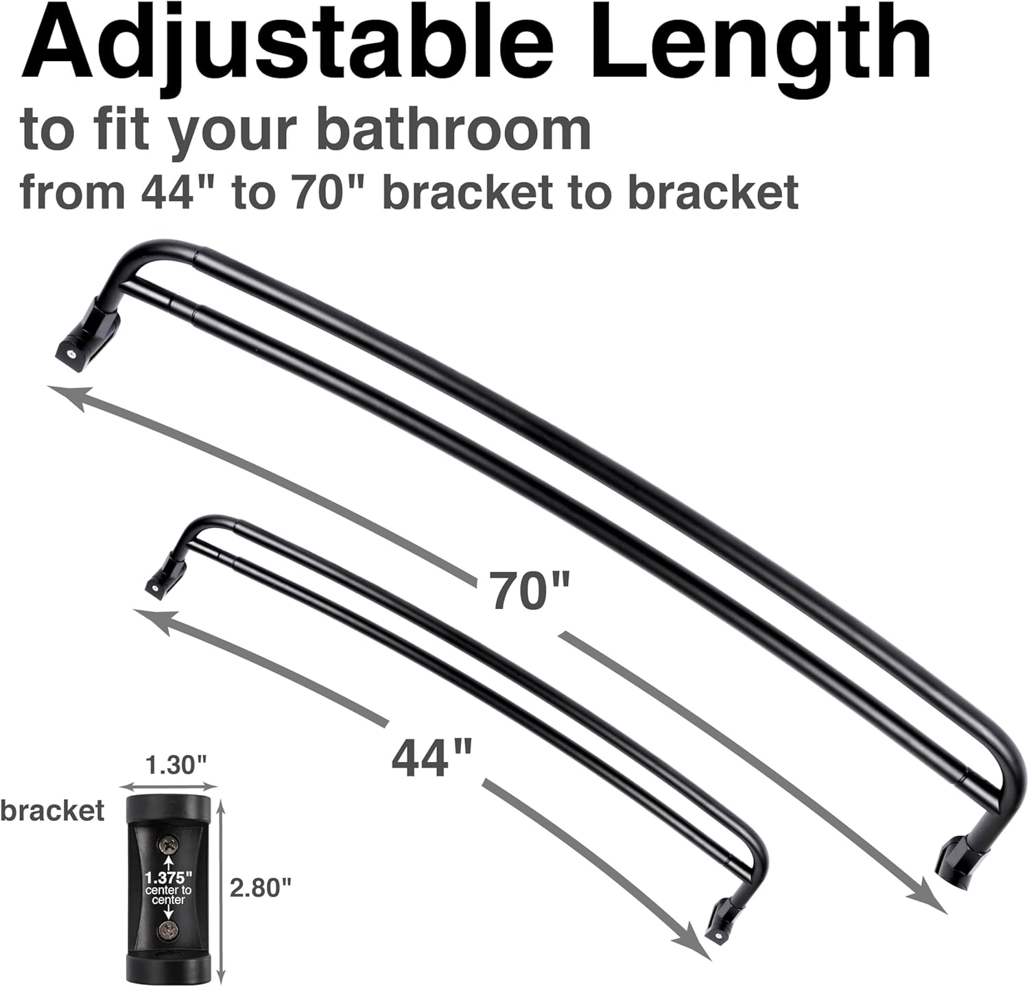 JS Jackson Supplies Double Curved Shower Rod, Metal Construction, Adjustable Between 44 to 70 Inches, Aluminum Rods and Zinc Mounting Hardware, Quality Modern Bathware, Black Finish