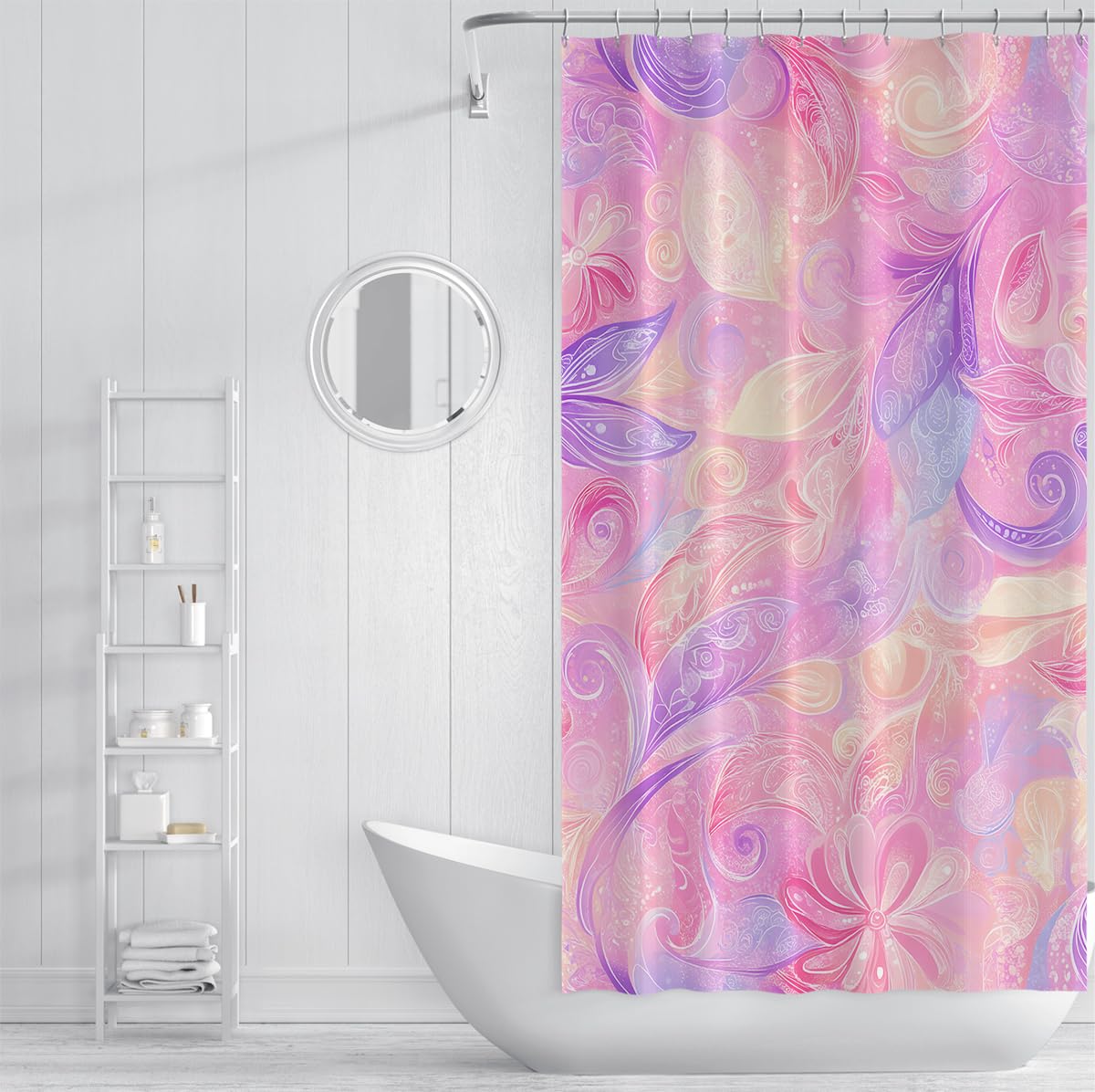 Boho Paisley Zasłona prysznicowa, różowa, fioletowa, kwiatowa, zestaw, wodoszczelna, materiałowa zasłona łazienkowa z haczykami, do dekoracji łazienki, 150 x 200 cm
