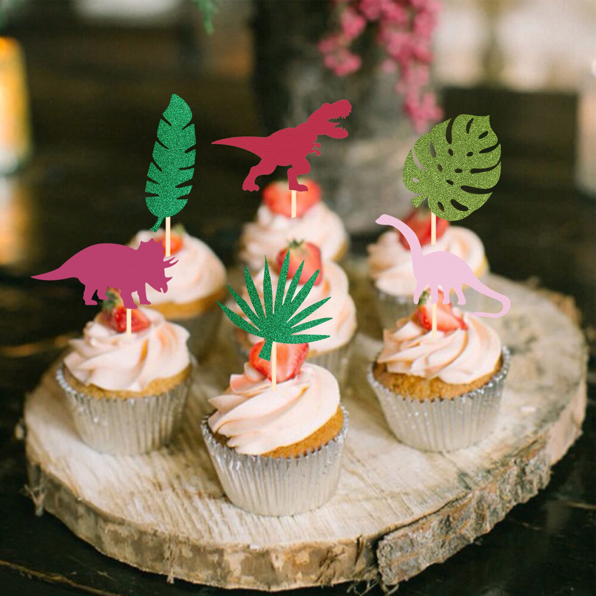 24 Stück Dinosaurier-Cupcake-Topper – Glitzernd, Mit Palmblättern & T-Rex, Für Mottopartys