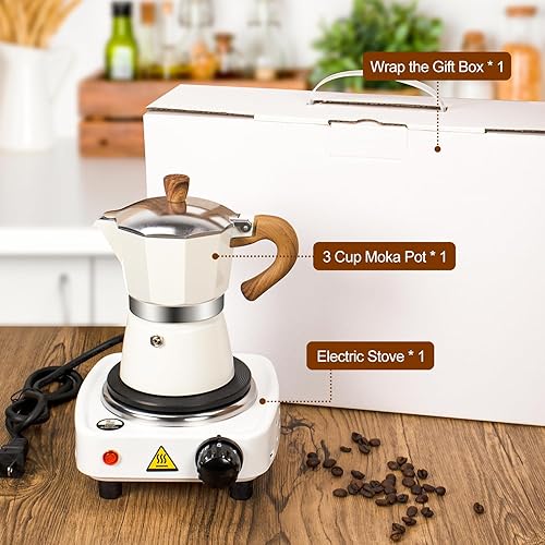 Miniatura 2 de Juego de cafetera de café expreso 2 en 1 con estufa eléctrica, estufa de aluminio de 3 tazas, cafetera percoladora italiana clásica moca cafetera