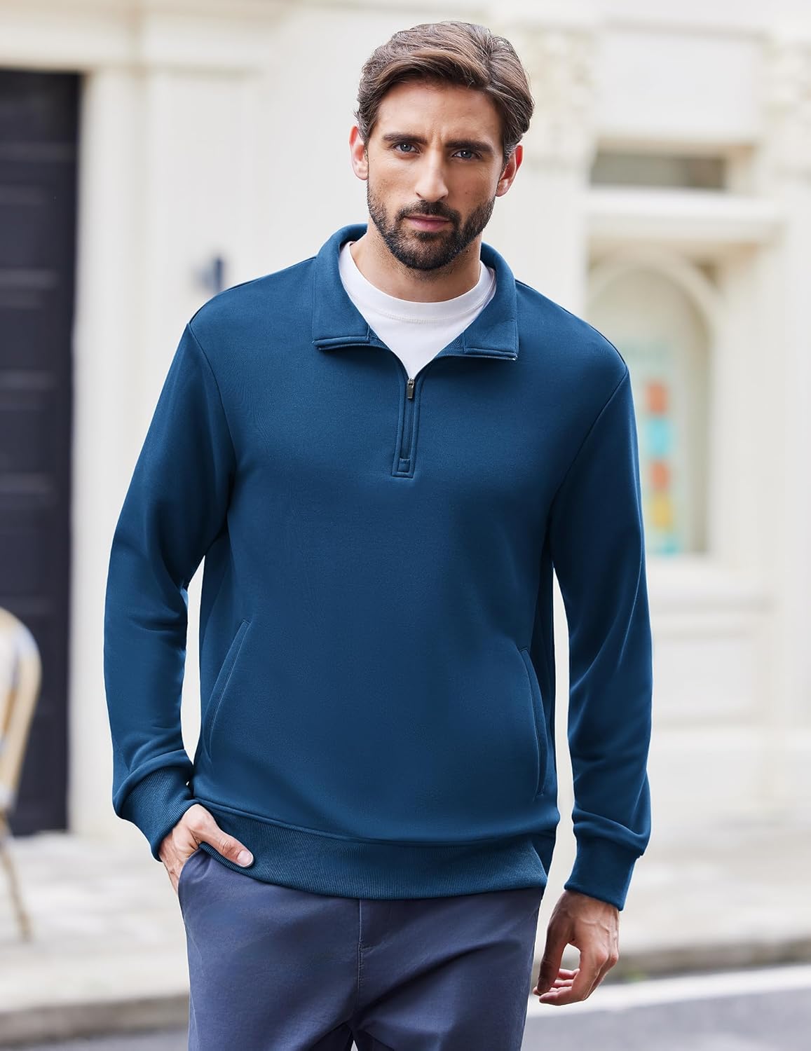 PINSPARK Mens Quarter Zip Pullover Long Sleeve Mock Neck Sweatshirts with Pockets Thermal Midweight Polo Shirt Relaxed Fit - Image 3