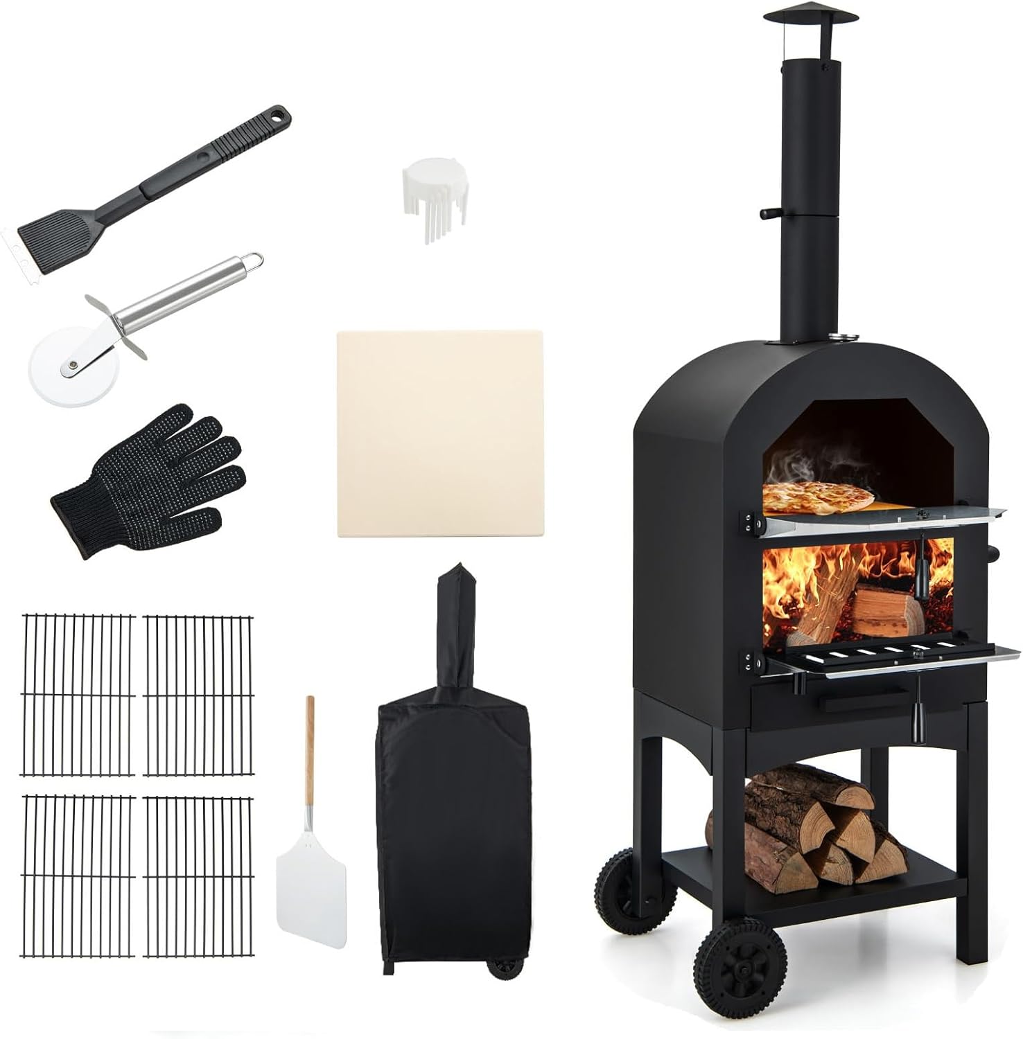 Pizza Oven Outdoor, Wood Fired Pizza Oven with Pizza Stone, Pizza Peel, Waterproof Cover, Cooking Grids, Portable Pizza Maker on Wheels for Backyard Party BBQ
