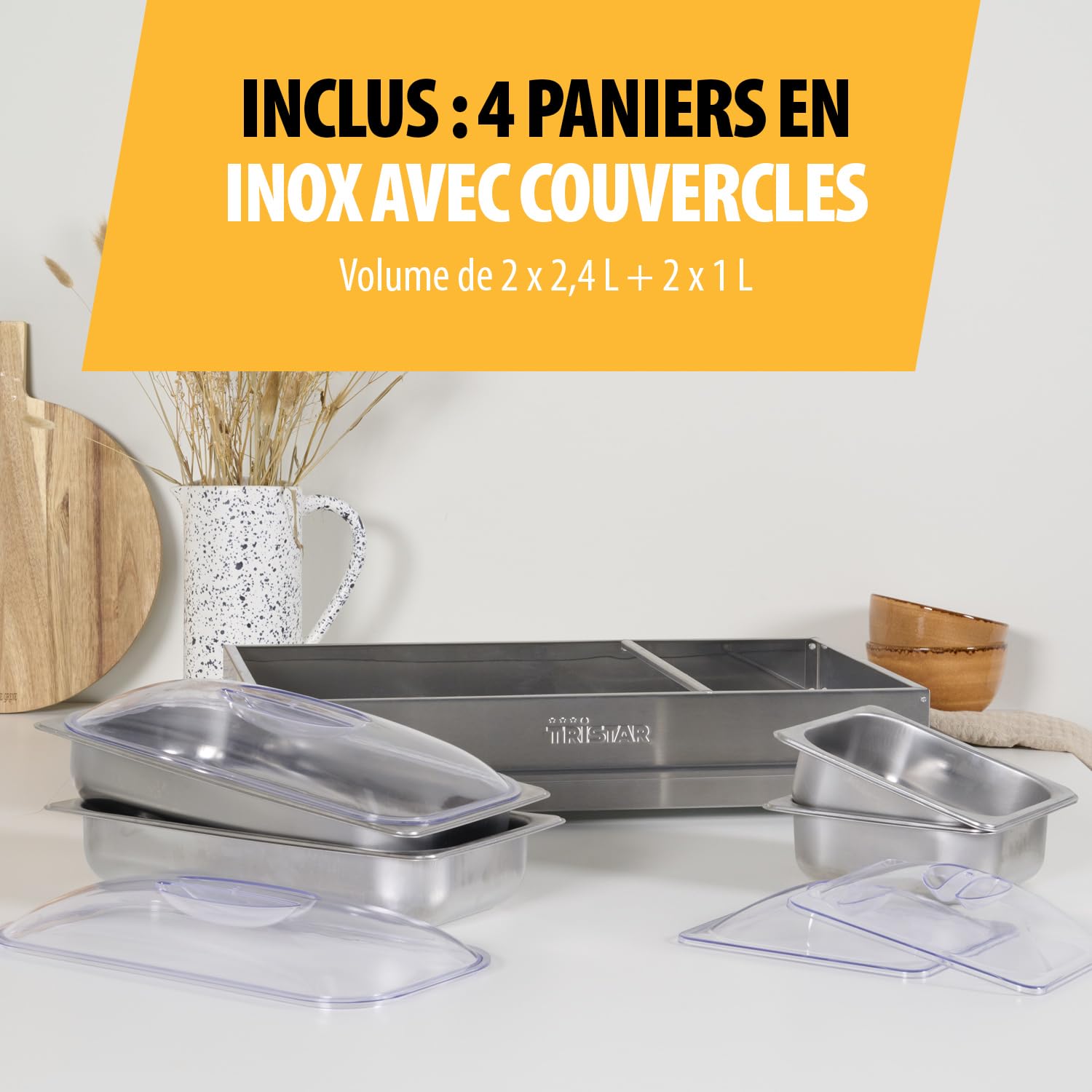 Tristar Serveur de buffet – 2 x 2,4 L + 2 x 1 L – Fonction maintien au chaud – plaque chauffante avec thermostat – 4 bols en inox et de couvercles en plastique – BP-6285