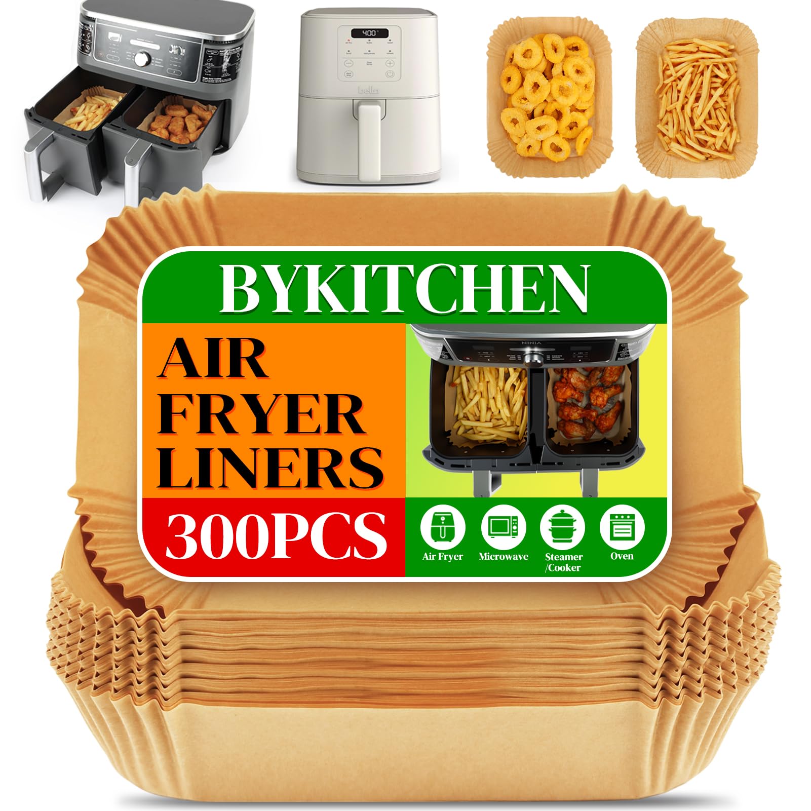 BYKITCHEN 300PCS Air Fryer Liners for Ninja Dual Airfryer, Rectangle Disposable Air Fryer Parchment Paper Compatible with Ninja DZ201/ DZ401/ DZ550, Bella Slim Airfryer &More, Air Fryer Accessories