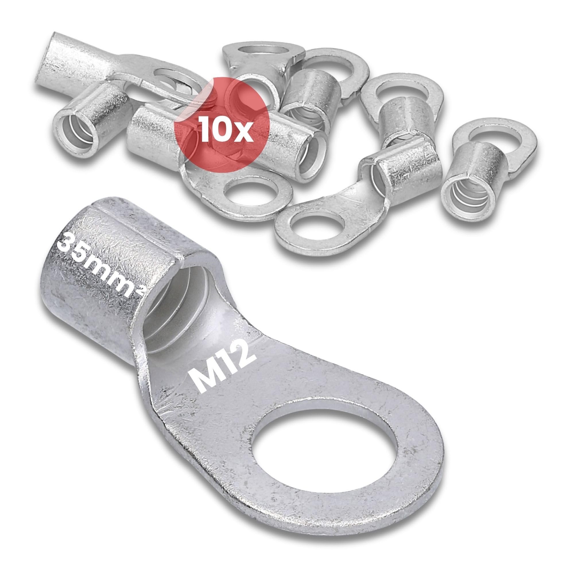 Kalitec Lot de 10 Cosses à Sertir 35 mm² M12 - Connecteur de Câble Nu | Cosses à anneau série Q conformes à la norme DIN 46234, idéales pour conducteurs multibrins fins et armoires électriques.
