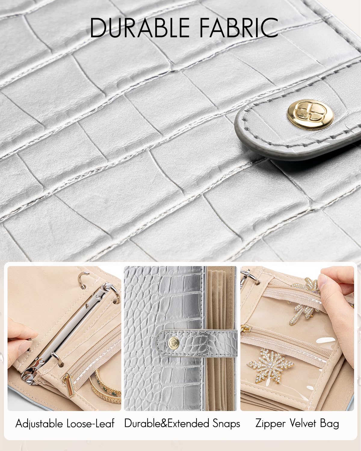 Vlando Estuche organizador de joyas de viaje, regalos de viaje para mujeres, carpeta portátil de almacenamiento de joyas con cremallera transparente, bolsa de terciopelo para joyas, color plateado