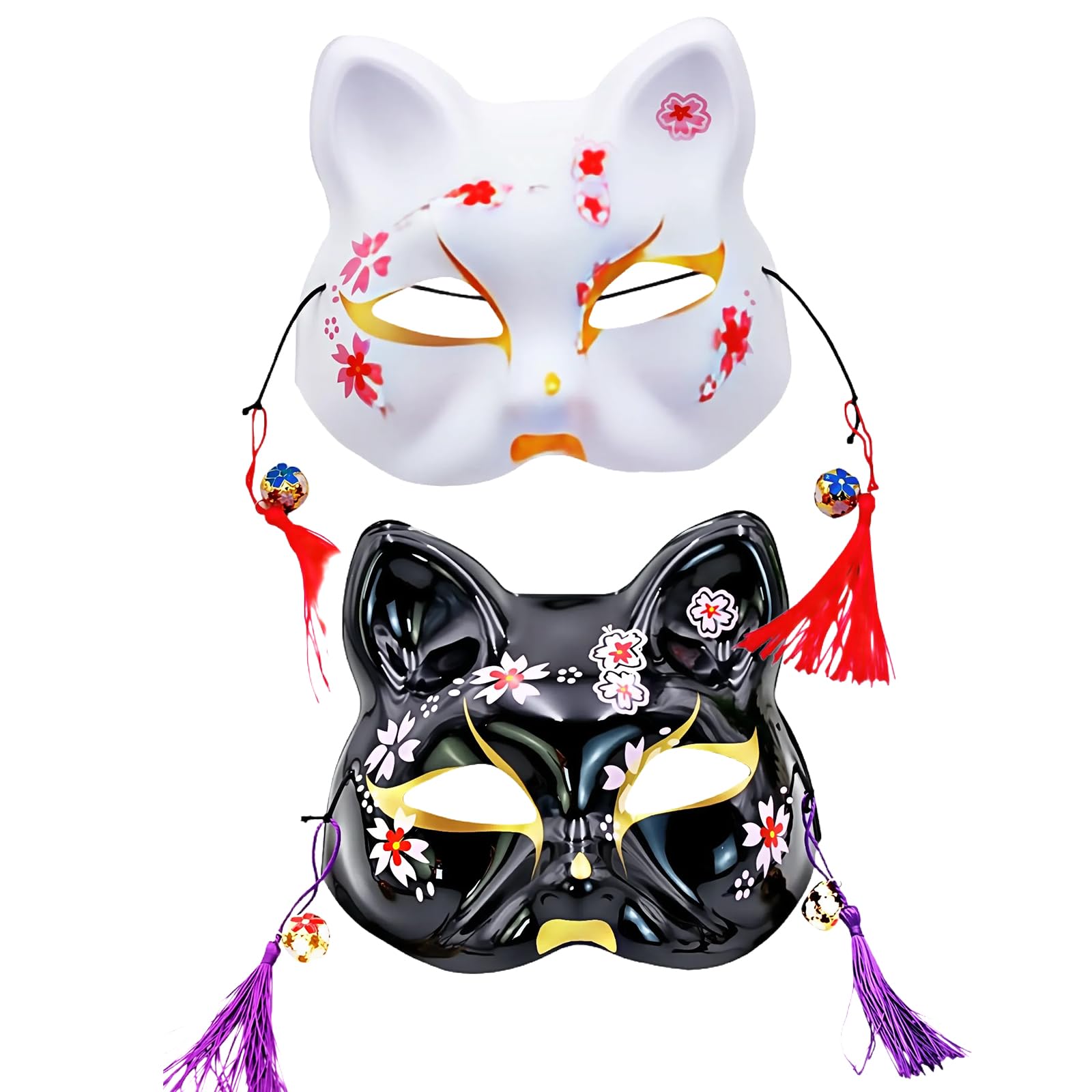Bohue 2pcs Japanese Cat Masks White and Black Japanese Kabuki Style Half Face with Tassels and Bells Anime Dress-Up Mask Cherry Blossom Design for Halloween Masquerade Party