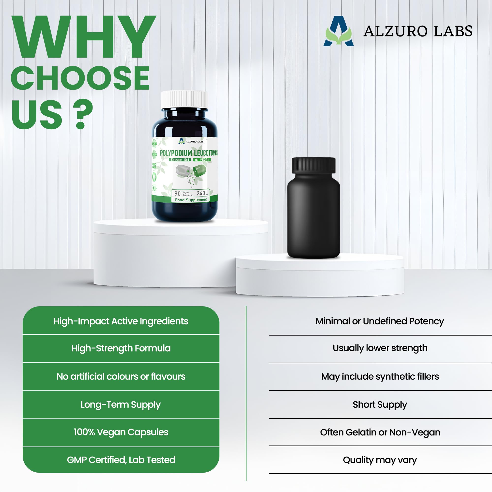 Polypodium leucotomos | 2 400 mg équivalent | Haute dose 240 mg d'extrait de fougère 10:1 | 90 gélules végétaliennes | GMP & Testé en Laboratoire Indépendant