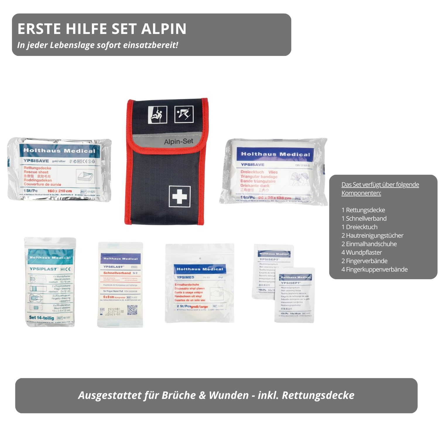 Kit De Premiers Secours Ski Snowboard Alpinisme HierBeiDir MEDICAL - Robuste Imperméable Avec Cordons Élastiques - 21 Produits Essentiels