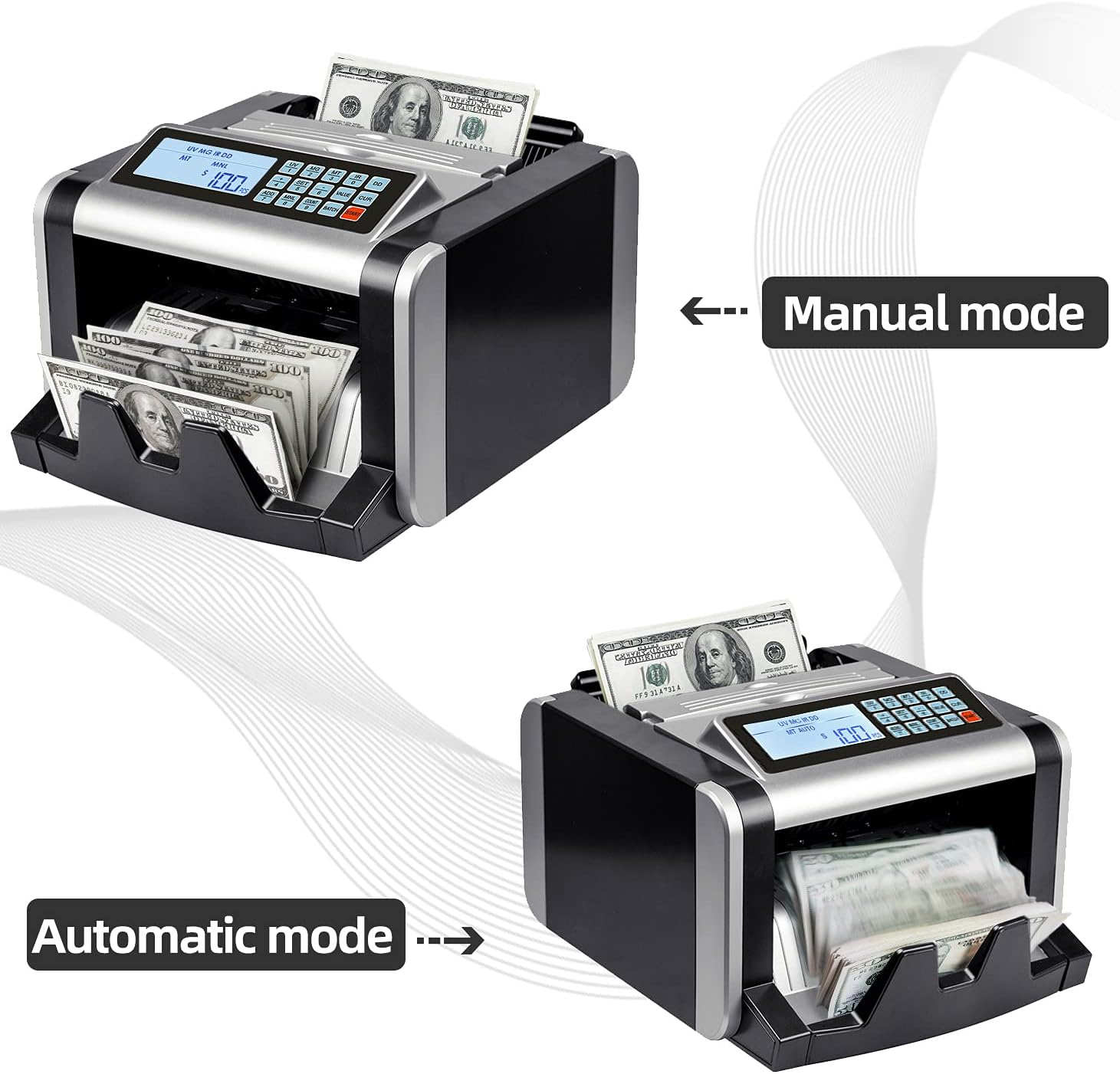 Money Counter Machine with UV/MG/IR Counterfeit Detection, Portable Bill Counting Machine with Add & Batch Modes, LCD Display, 1,000 Bills/Min : Office Products