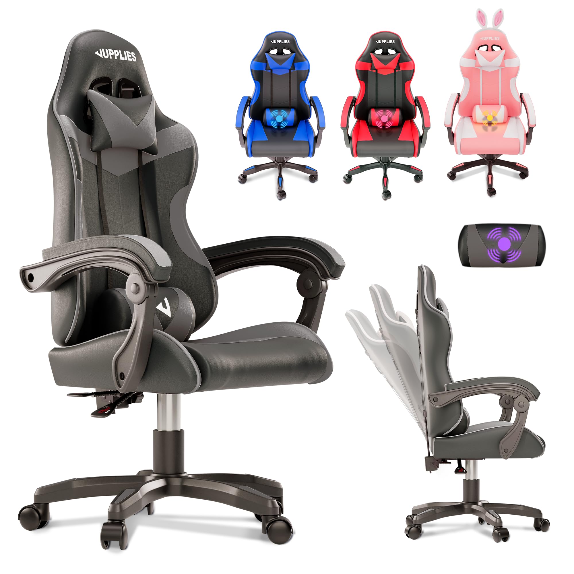 JUPPLIES Professional Gaming Chair with Massager – Ergonomic Office Chair without Footrest, Adjustable Height and Folding Back – Gaming Chair