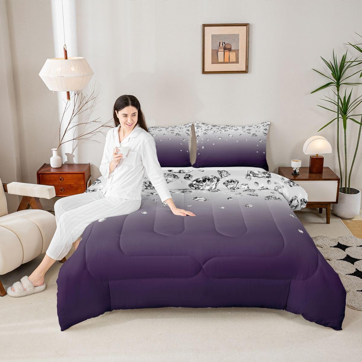Erosebridal Purple Gradient Color Comforter Set Purple Ombre Bedding Set Twin Size Modern Abstract Duvet Insert for Adult Women Girls Gradient Diamond Quilt Soft Warm Lightweight Luxury Bedding