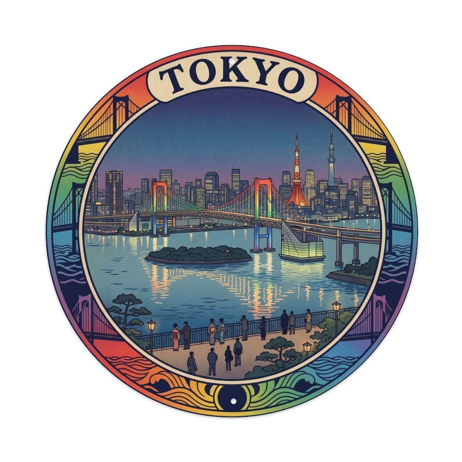 Okahys 8X8inch Classic Style Tokyo Odaiba Bay Rainbow Bridge Skyline Travel Cycling Metal Tin Sign
