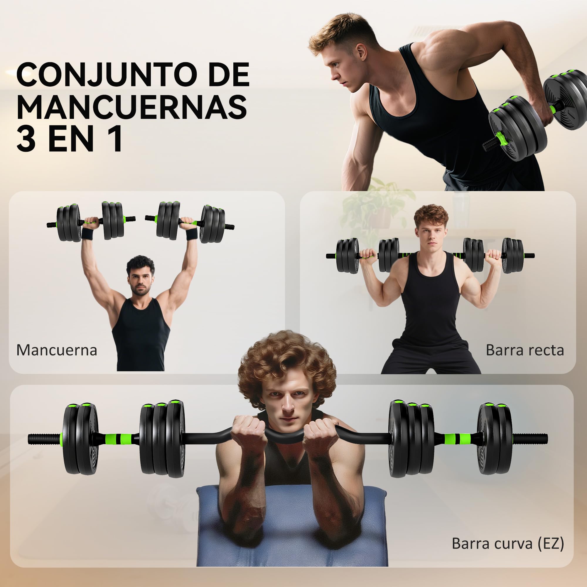 SPORTNOW Juego de Mancuernas Ajustables 3 en 1 20kg a 30kg, Juego de Pesas con Barra de Conexión y Mango Antideslizante, Pesas y Mancuernas para Hombres y Mujeres, Ejercicio de Fitness, Casa Gimnasio