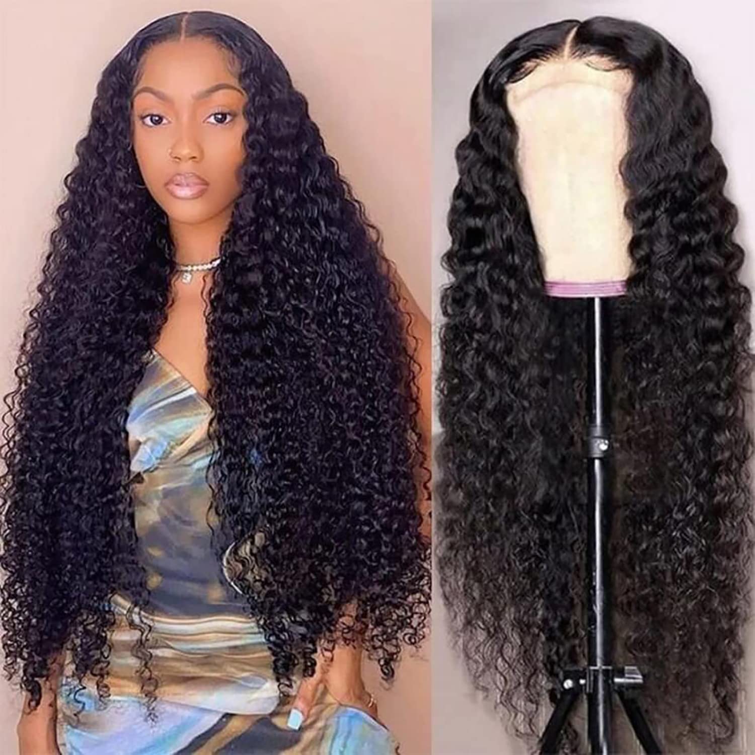 HD Transparent Lace Front Wigs Human Hair Deep Wave Wig for Women Deep Curly Wig 13×4×1 Lace Frontal T Part Human Hair Wigs Pre Plucked 180% Density Natural Color 26inch