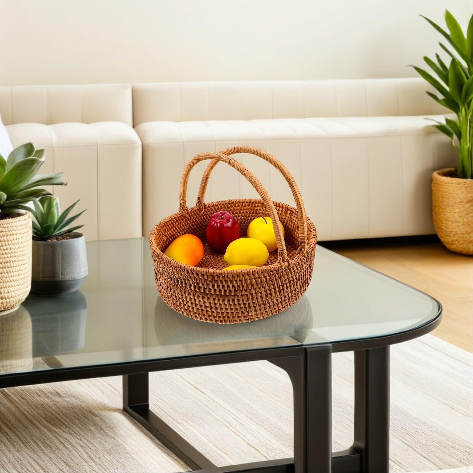 TEHAUX Cesta de Mimbre con Asa de Ratán Natural Cesta Tejida Resistente y Ligera para Picnic Almacenamiento Ventilado de Frutas y Verduras Organizador Portátil para Reuniones y Hogar