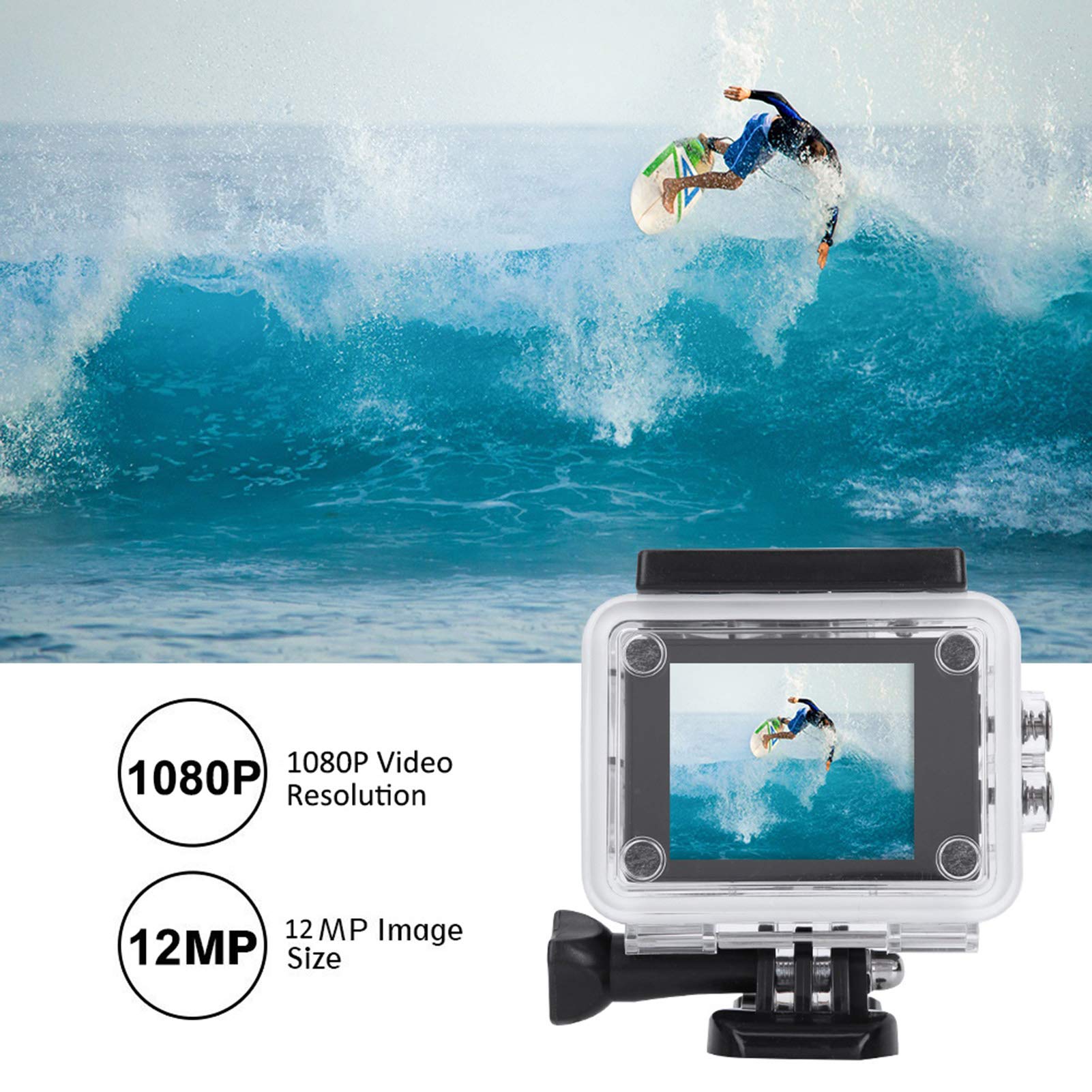 Sport Underwater Camera, 1080P Outdoor Camera with 2inch LCD Screen, 140° Wide Angle 30m Waterproof Action Camera, USB 2.0 Interface, Support 32GB TF Card(Black)