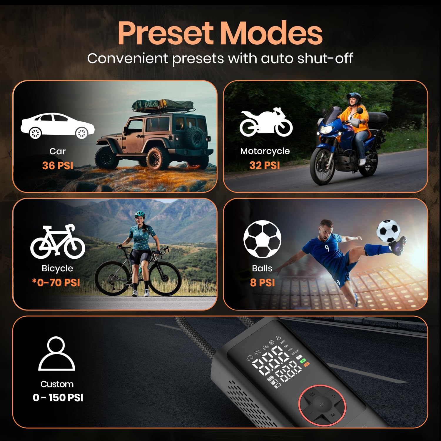Portronics Vayu 7.0 Tyre Inflator, Full-Size Digital Display, 4000 mAh Battery, 150 PSI Pressure, Preset Modes, Flashlight with SOS, Pressure Detection, for Cars, Bikes, Bicycles & Balls(Black) - Image 7 thumbnail