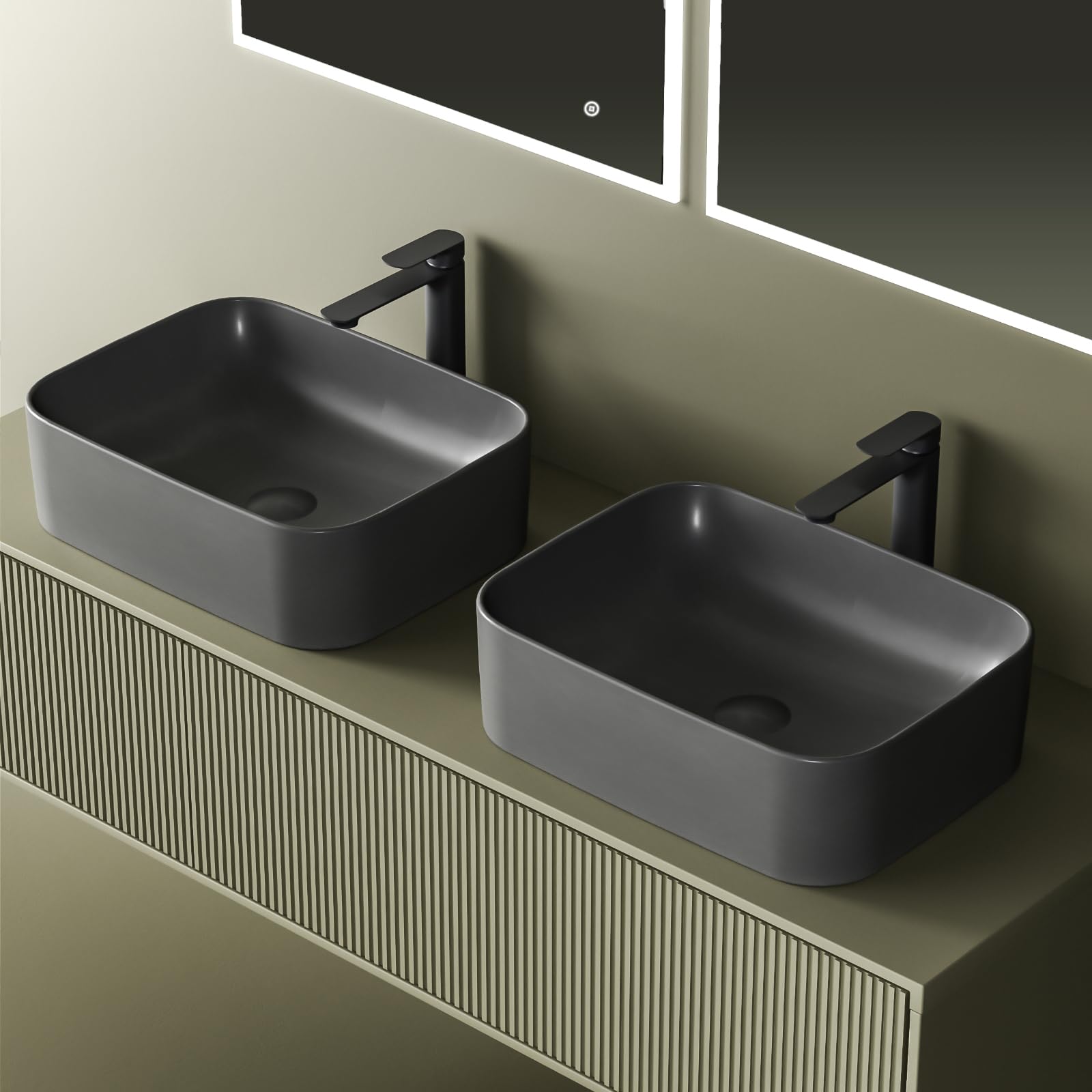EMKE Lavabo de Cerámica, Rectangular 61 × 38 × 15 cm, Lavamanos para Aseos, Lavabo Cerámico para Cuartos de Baño,Gris Mate