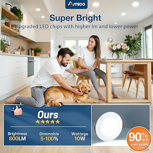 Miniatura 4 de Amico ETL&FCC - Paquete de 24 luces LED empotrables ultrafinas de 4 pulgadas con caja de conexiones, 2700K3000K3500K4000K5000K seleccionable, 10W