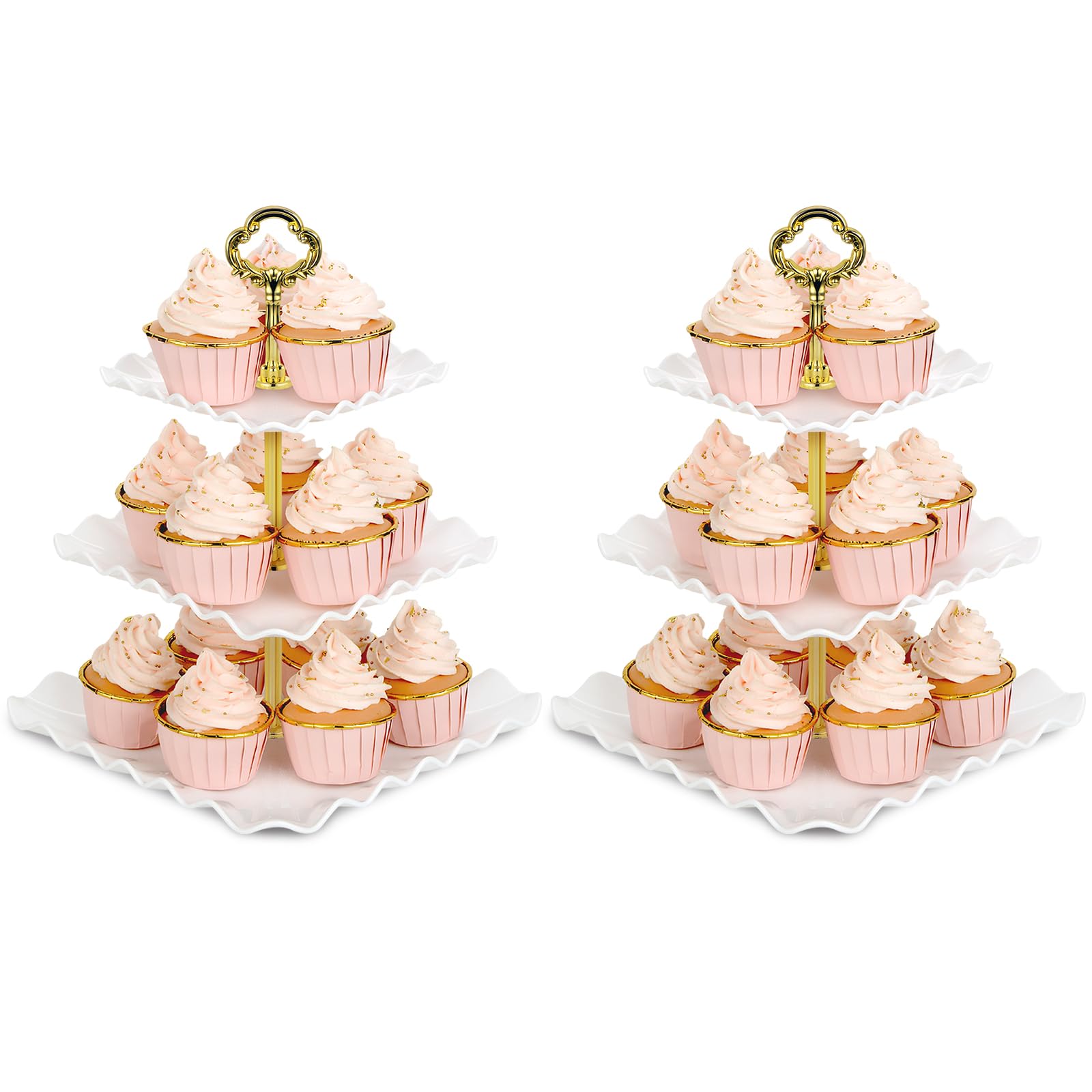 NWK Pack of 2 Large Stable 3-Tier Cupcake Stand Square Shape (Gold)