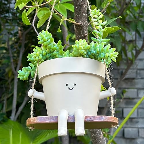 Miniatura 6 de Maceta colgante con cara oscilante  Lindas macetas de resina para interiores y exteriores, suculentascadena de perlas, macetas únicas para sentarse,