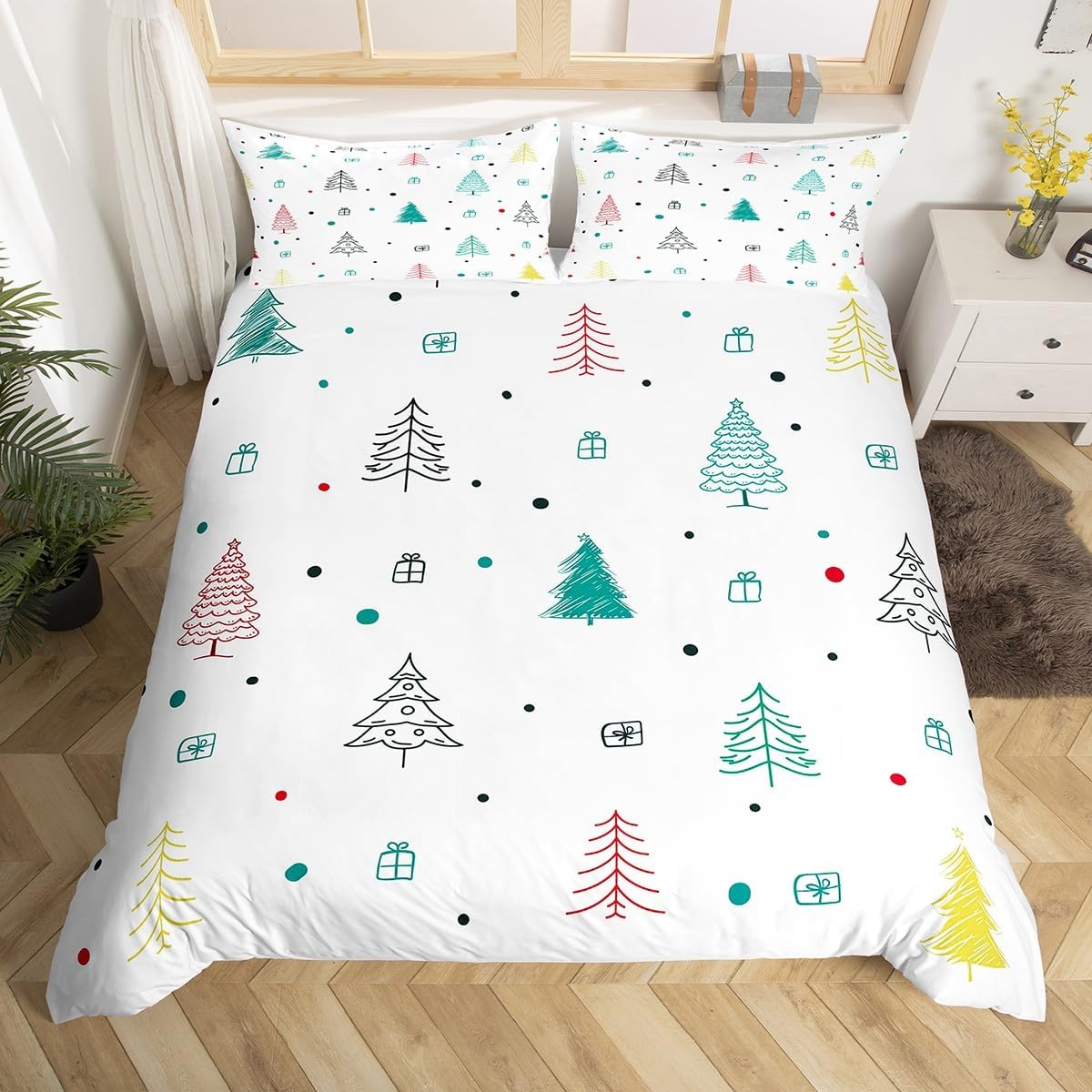 Castle Fairy Lucky Bedding Set,Green Black Grid Duvet Cover for Kids Teen Boys Girls,Comforter Cover Decorative Room,Plants Quilt Cover with 2 Pillowcases,King Size(No Comforter)