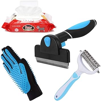 PetVogue Self Cleaning Pet de-Shedding Brush Set for Dog & Cat, Dematting Comb, Pro Pet Grooming Tool Kit and Glove for Long - Short Haired Pets, with Pet Wipes