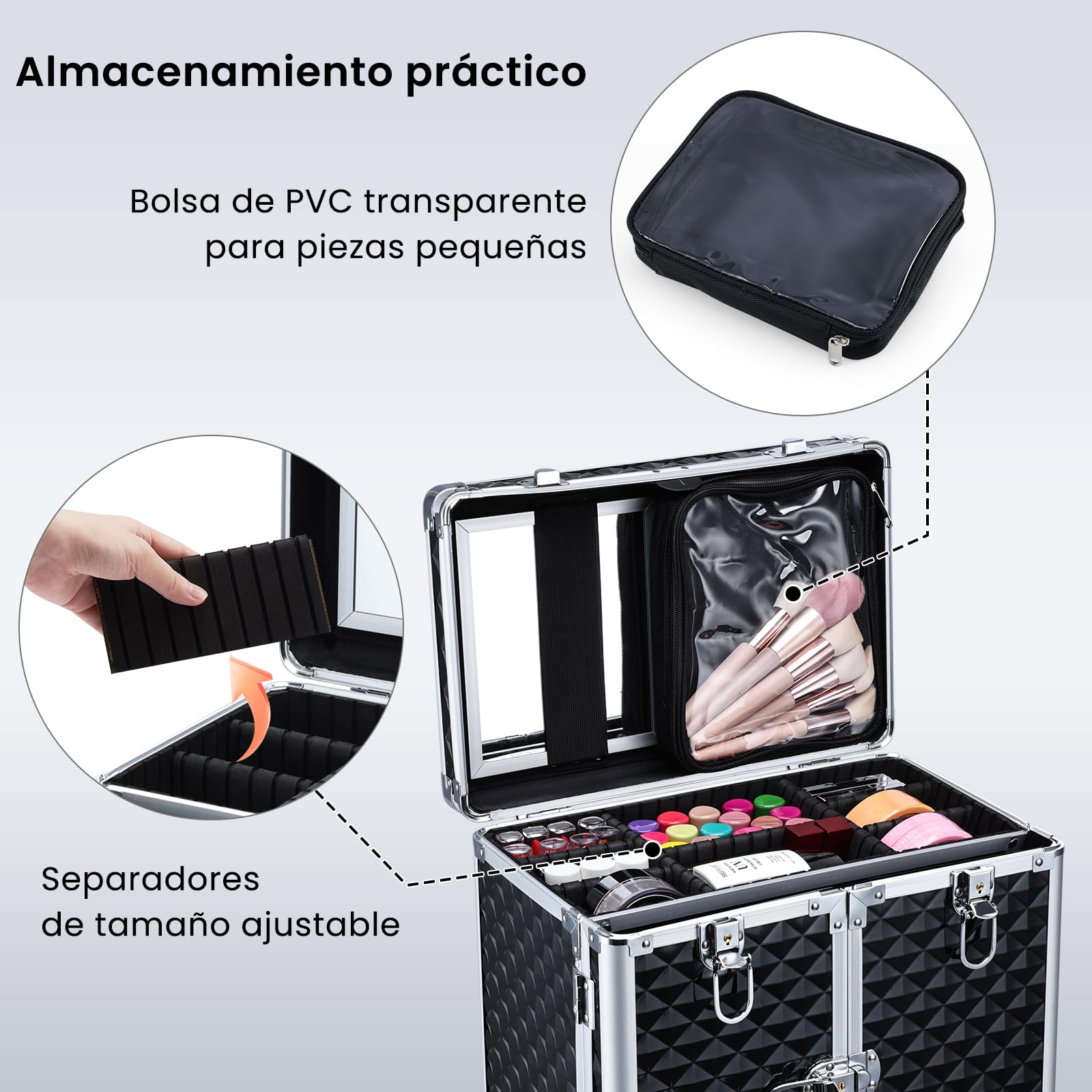 Maleta de Maquillaje con Ruedas Profesional, Maletín de Manicura y Peluquería con Espejo, Cajón Deslizante y Asa Telescópica, Ruedas 360° con Freno, Organizador de Belleza para Salón o Viaje, Negro