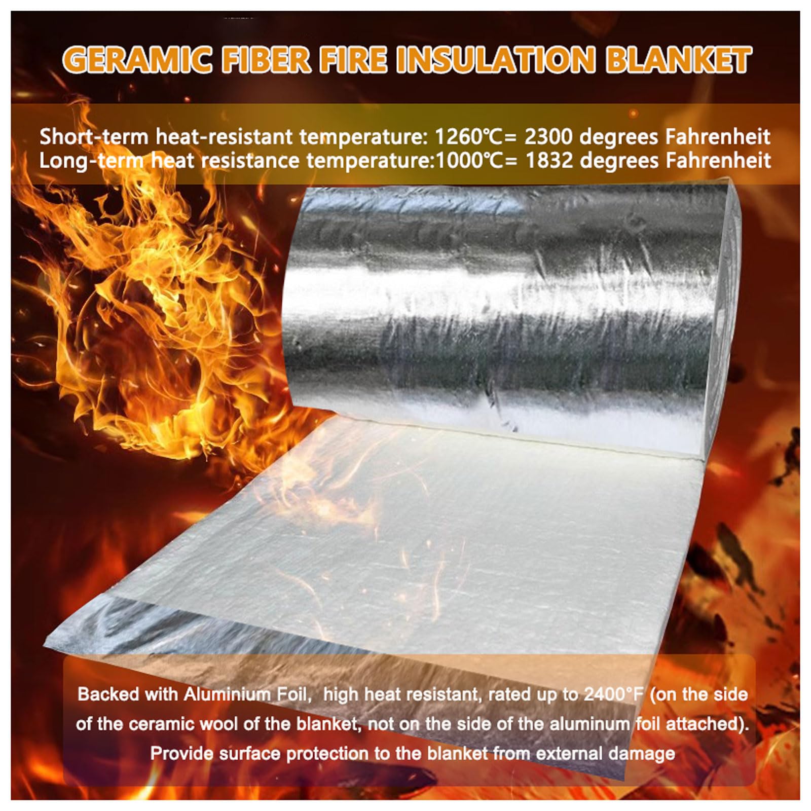 Keramikfaser-Decke Isolierung, Keramikfasermatte Hochtemperatur Isolierung Zweiseitige Aluminium-Folie Feuerfest Bis 1200°C für Holzöfen Kamine Kessel(Size:610mm x 15000mm x 10mm - 120kgm³,Color:weiß)
