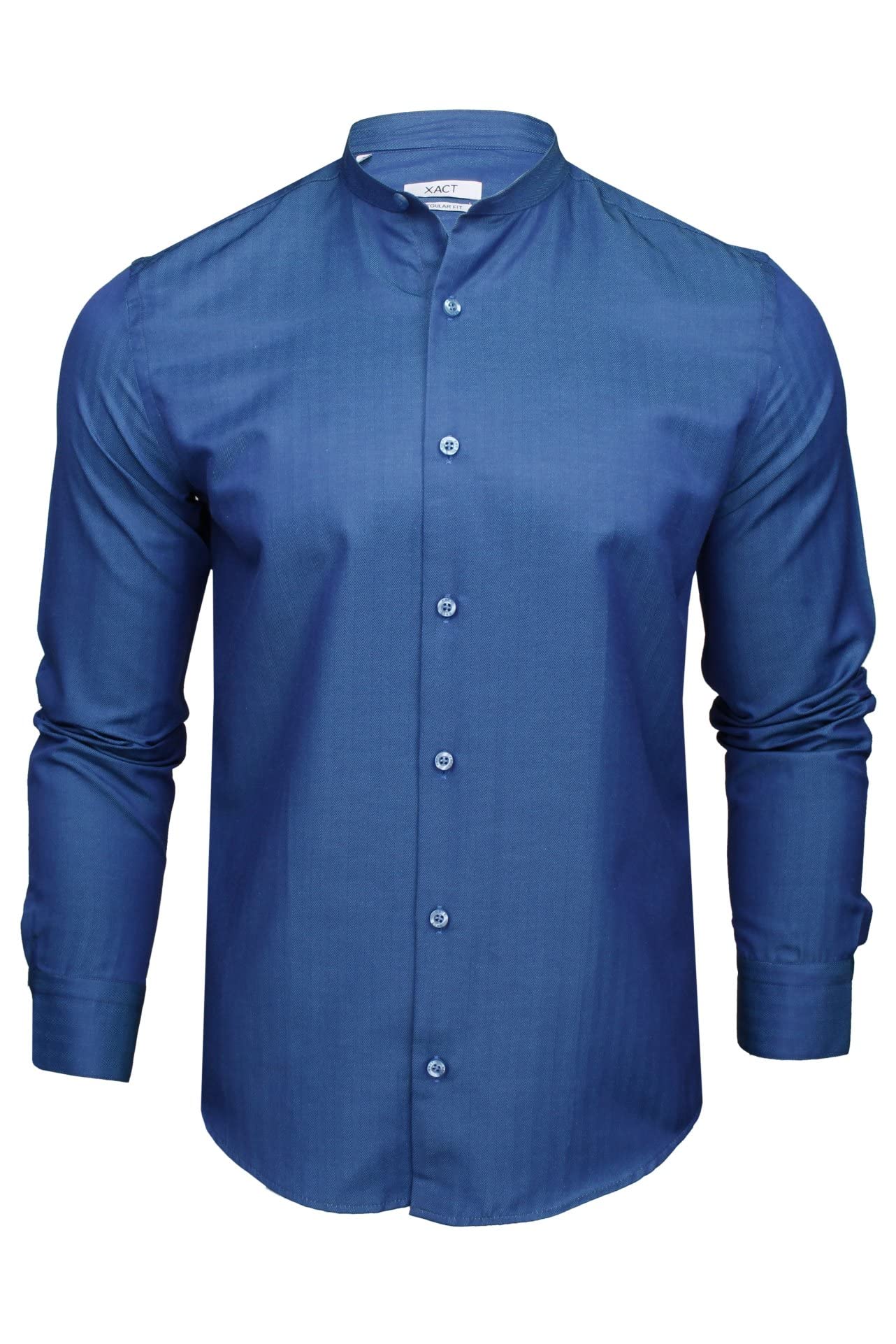Xact Men's Denim Herringbone Grandad/Band Collar Shirt, Long Sleeved, Regular Fit (Denim) M