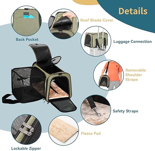 Miniatura 9 de Petsfit Transportador de mascotas aprobado por aerolíneas, con cremallera de bloqueo y correa para el hombro, bolsillos de almacenamiento,