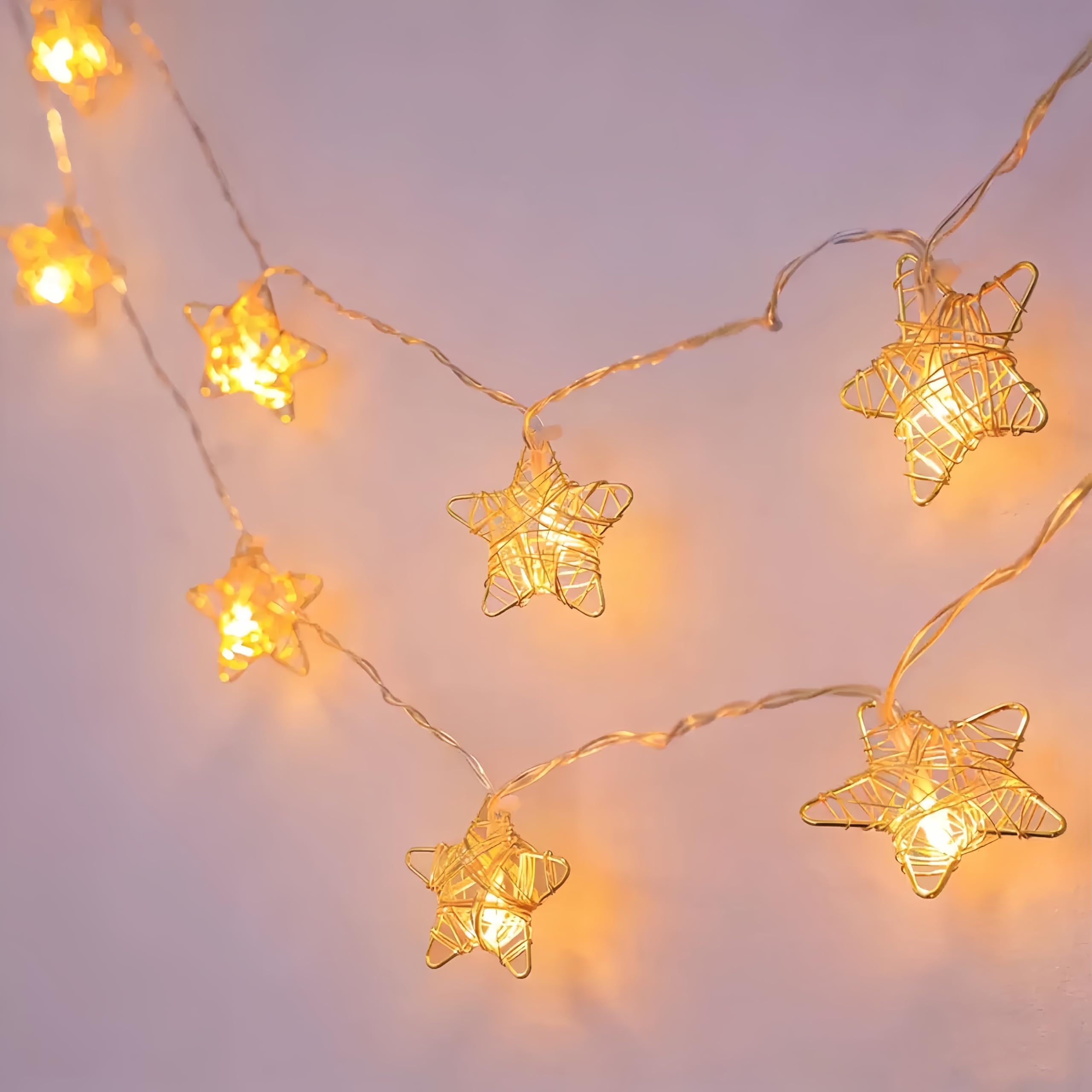 Hhmtaka Warm White Gold Metal Mesh Star Fairy String Lights 1.5M 10 Battery Operated Leds On Clear Cable For Bedroom, Living Room, Office And Indoor Use