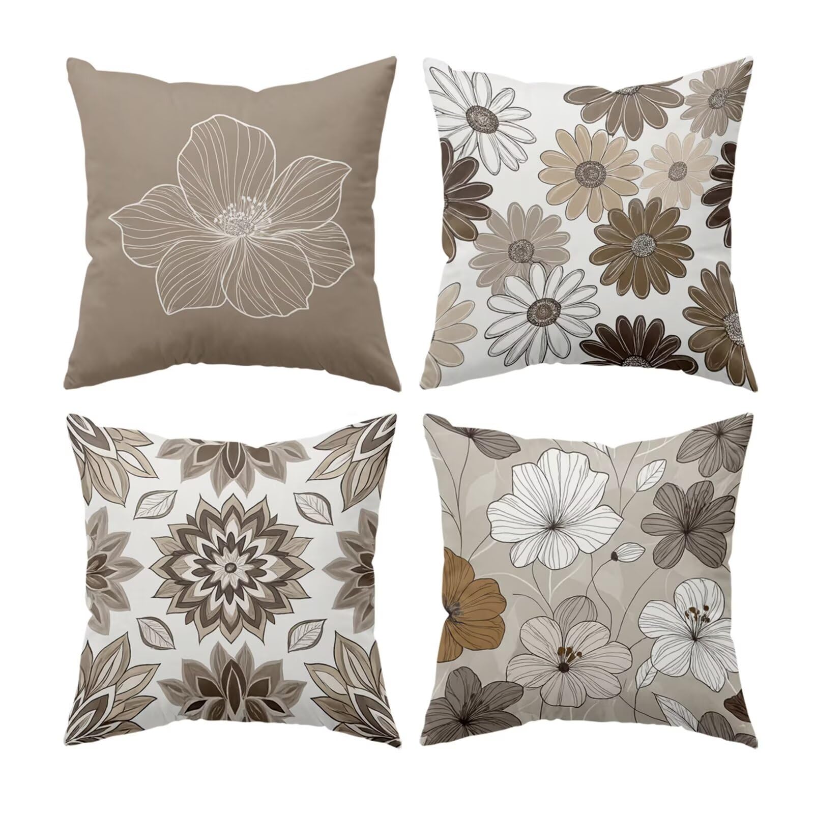 Lot de 4 housses de coussin 30x30 cm fleurs brunes en lin moderne