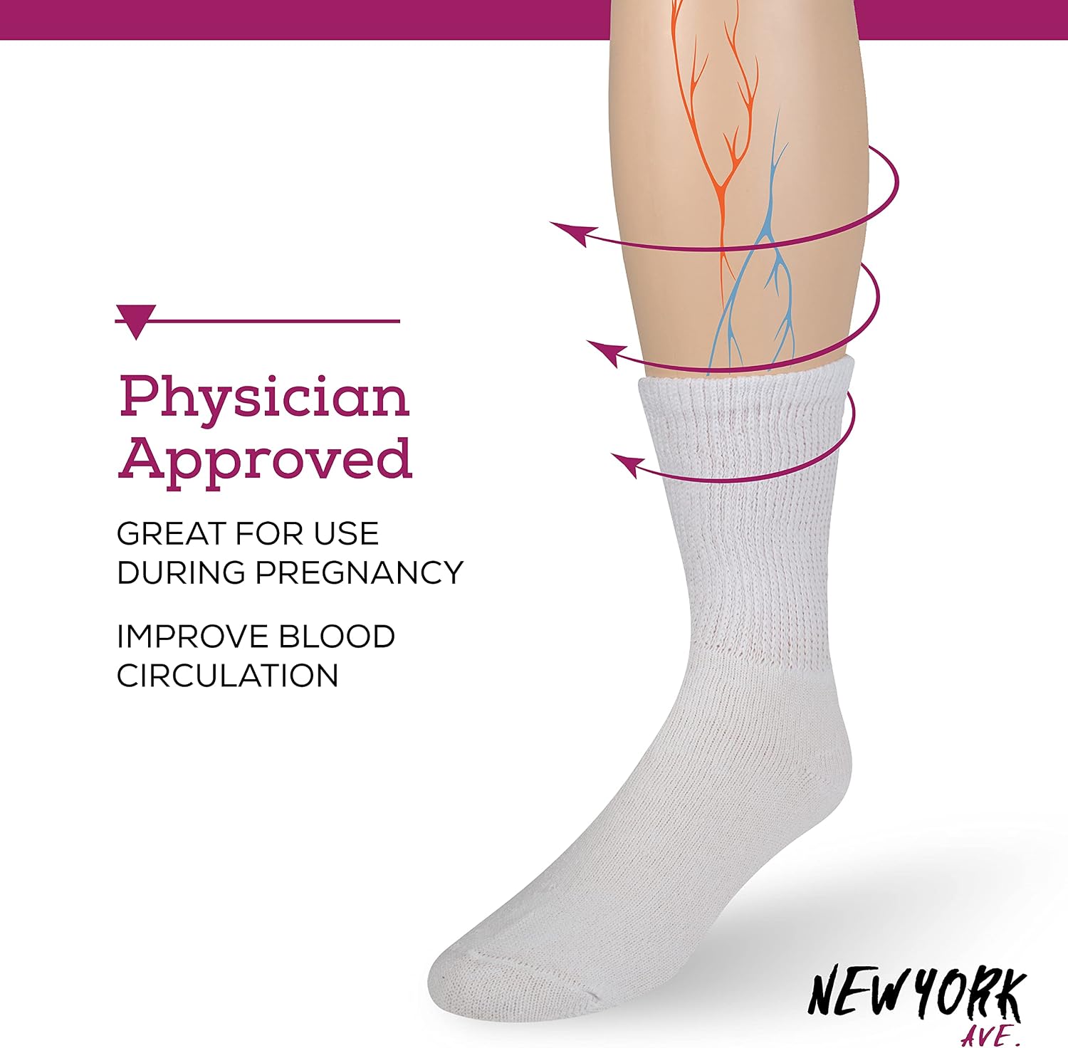 NEW YORK AVE Diabetic Over the Calf Socks - 4 Pack Extra Wide Loose Fitting Non-Binding Top Cushion Breathable Cotton