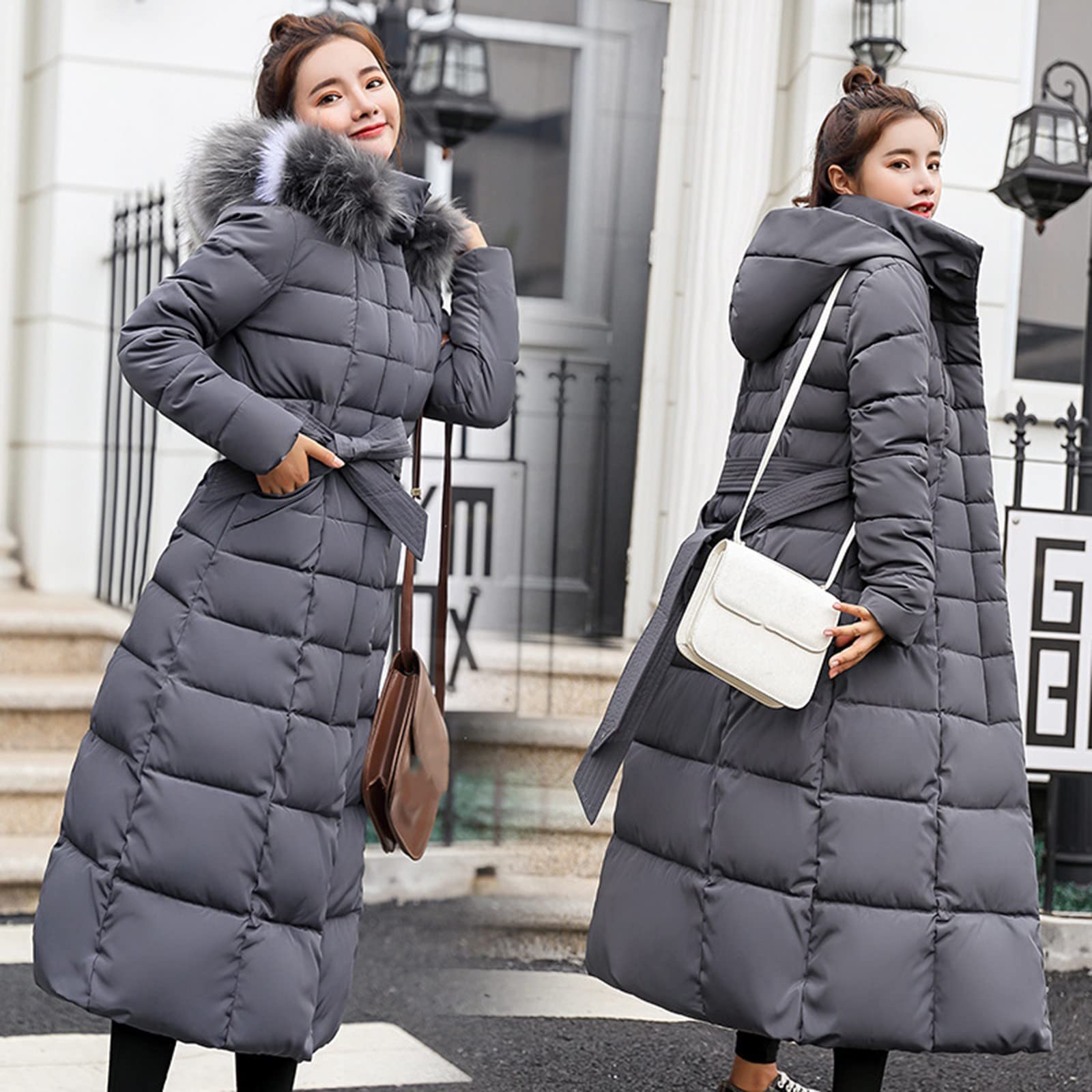 Piumino trapuntato da donna invernale - piumini lunghi per le donne piumini trapuntati giacca a vento slim fit cappotto con tasche piumini parka con cappuccio in pelliccia cappotto con cintura piumino