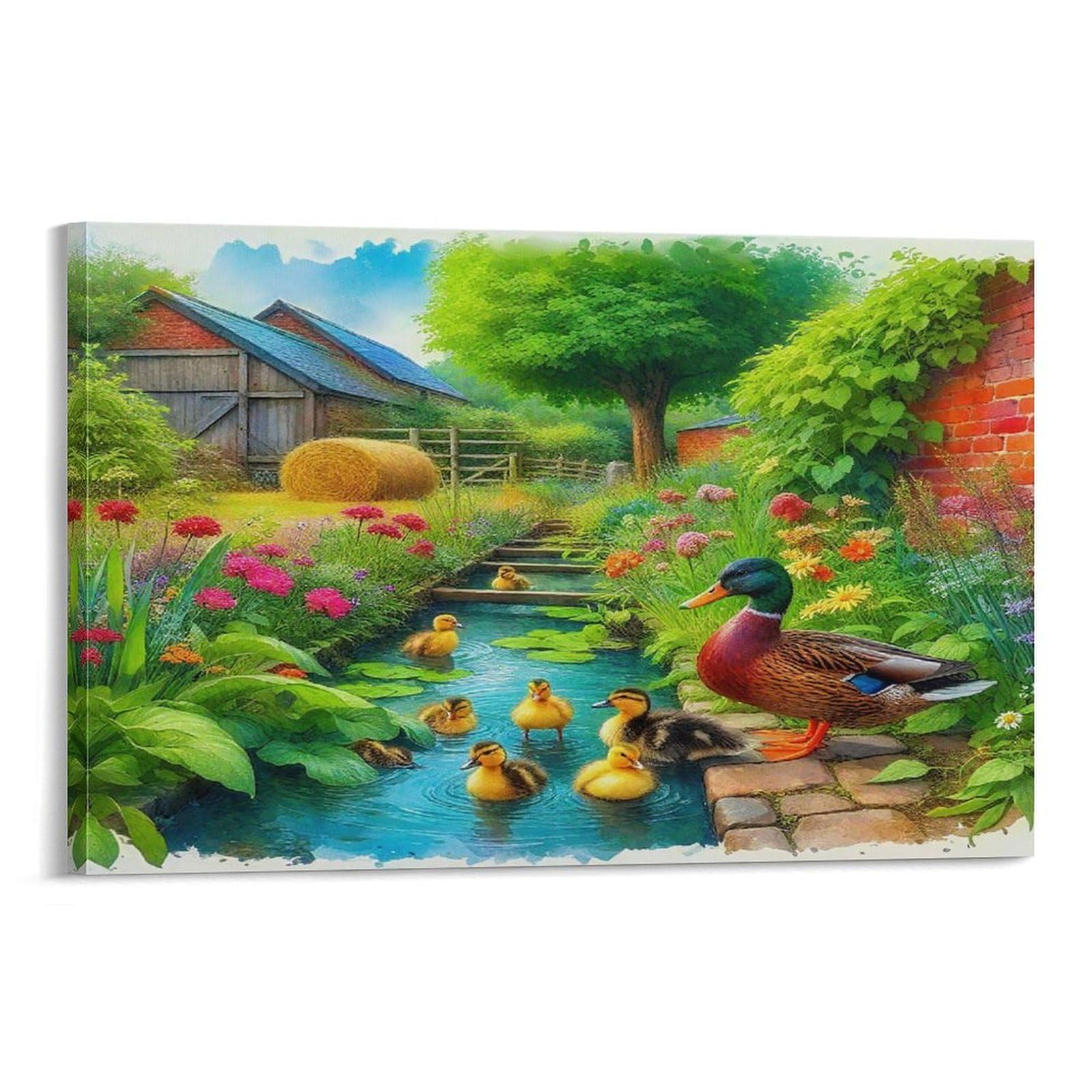 CPLVKWRQJ Cute Bunny with Chicks 1 Piece Mallard Ducklings Farm Stream Garden Canvas Print - Office Wall Art Fade Resistant Wall Focal Art Statement Piece 20x30inch(50x75cm)