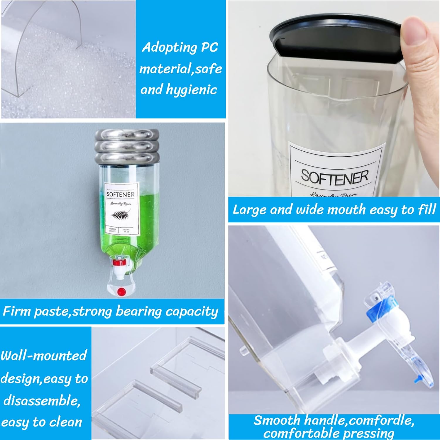 2 PCS Laundry Detergent Dispenser, 44 oz Wall Mounted Laundry Soap Dispenser with Faucet Liquid Detergent Holder for Laundry Room, Fabric Softener Container with Labels Adhesive Hook Measuring Cup image 5