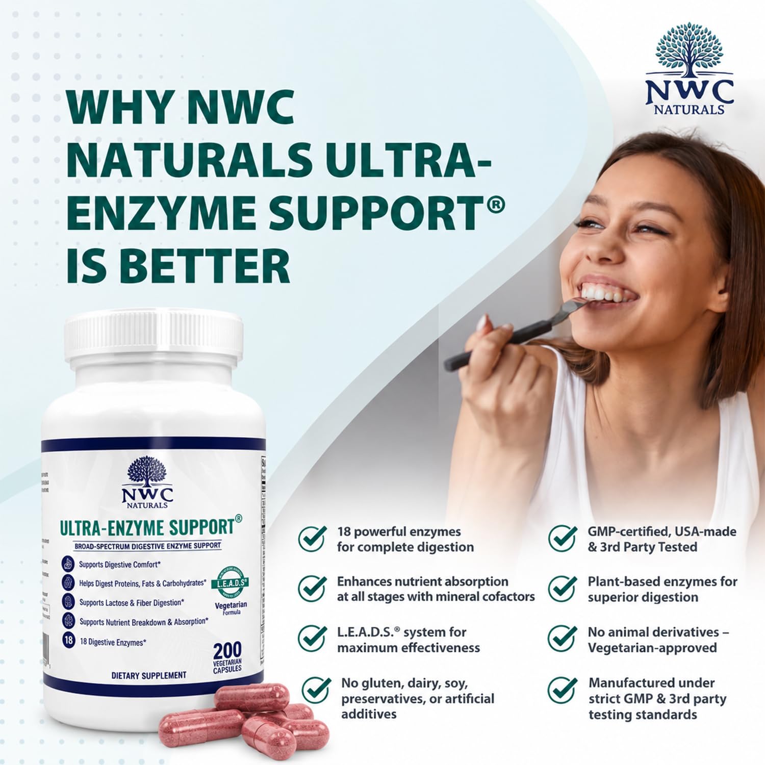 NWC Naturals Ultra-Enzyme Support Digestive Enzyme Supplement, 200 Capsules — Amazon image 2