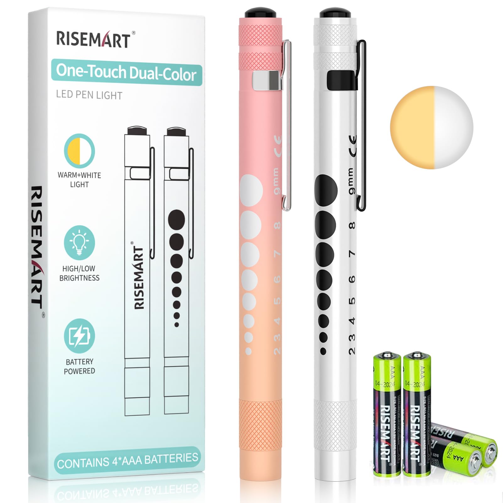RISEMART 2 Pack Pen Light for Nurse - 2 Color Modes (White/Warm Yellow) with Pupil Gauge &amp; 5cm Ruler, Portable Medical Penlight for Nurses, Doctors, Students (White &amp; Pink Orange Gradient)