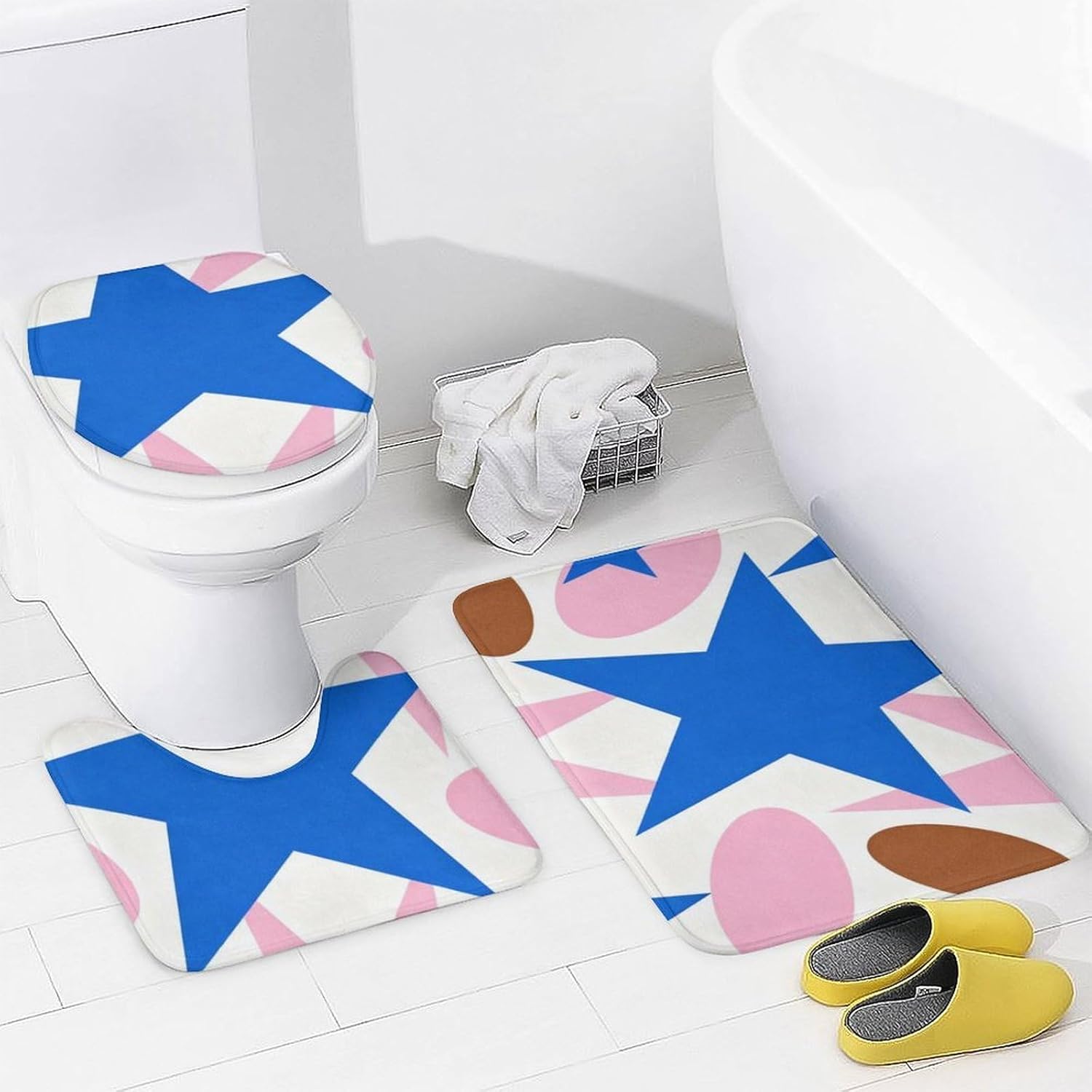 4 Piece Bathroom Rug Set with Shower Curtain, Non-Slip Bath Mat Toilet Cover Set, Nested Polygons Bathroom Rug Sets