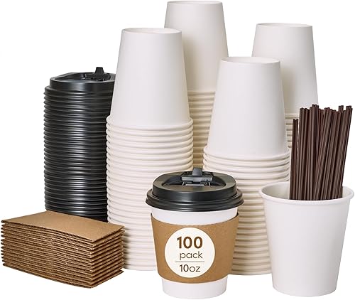 Turbo Bee Paquete de 100 tazas de café de 10 onzas, vasos de papel desechables, tazas de café caliente con tapas, mangas y agitadores, tazas de café