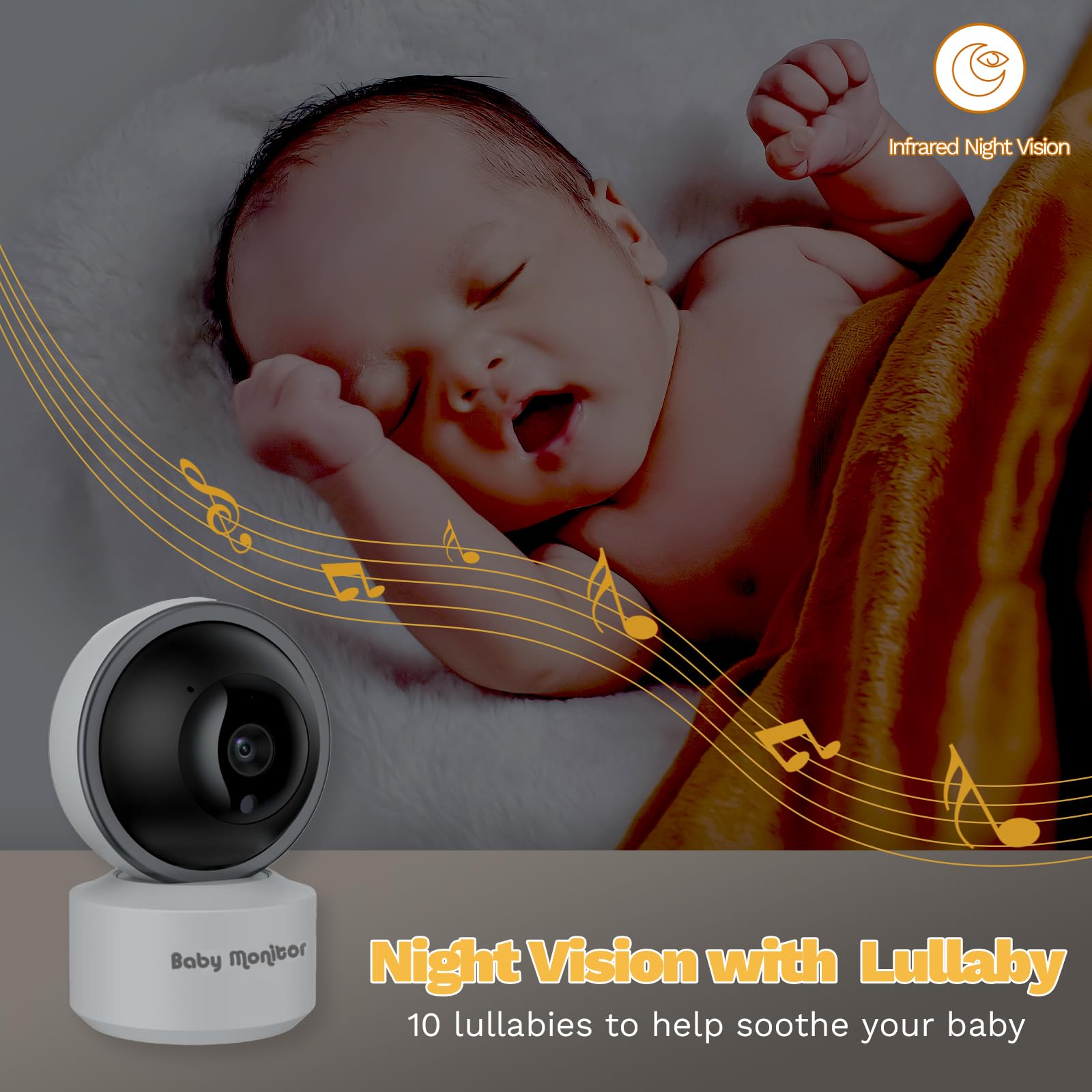 Monitor de video para bebé con cámara, detección de llanto, sensor de temperatura, visión nocturna, pantalla de 4.3 pulgadas, 10 canciones de cuna, alerta de alimentación de bebé, zoom digital