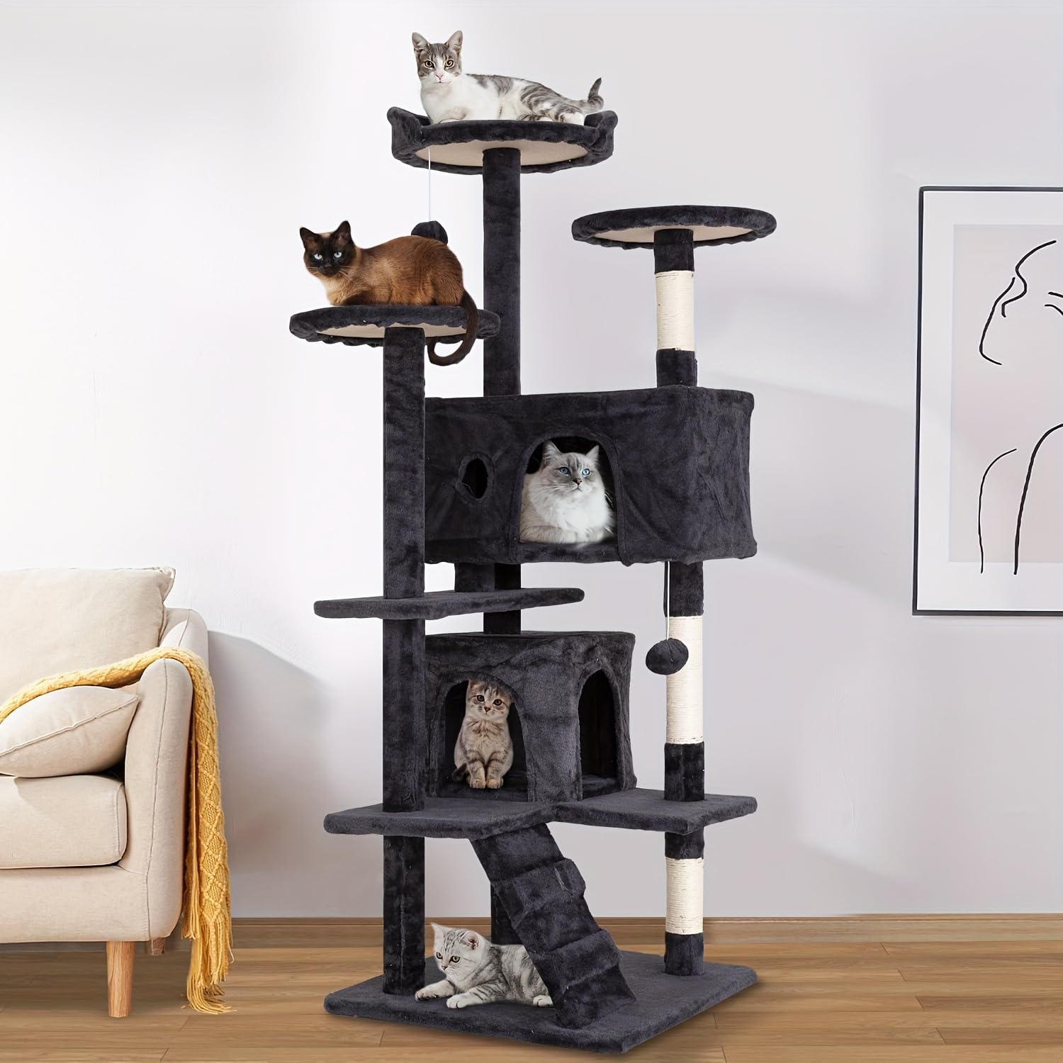 54 in Cat Tree Cat Tower for Indoor Cats, Multi-Level Cat Furniture with Scratching Post, Jumping Platform, Cat Play House Activity Center, Dark Gray