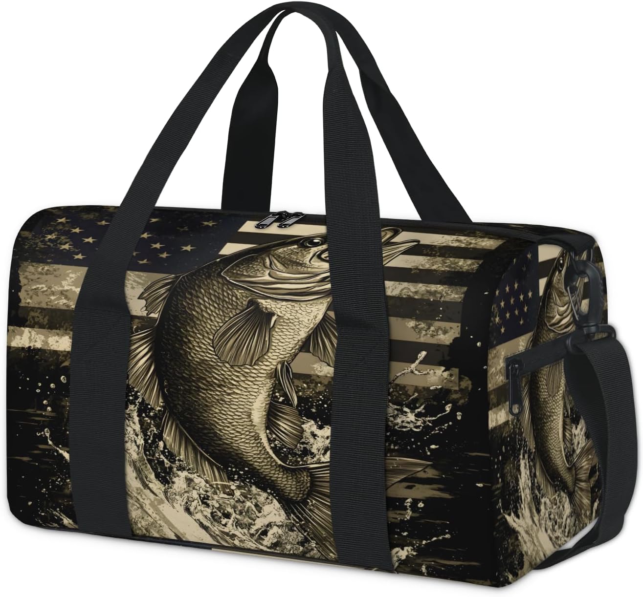Gym Bag for Women Men, Bass Fish American Flag Travel Duffle Tote Bag, Waterproof Sport Tote Bags, Large Overnight Weekender Bags for Yoga Dance