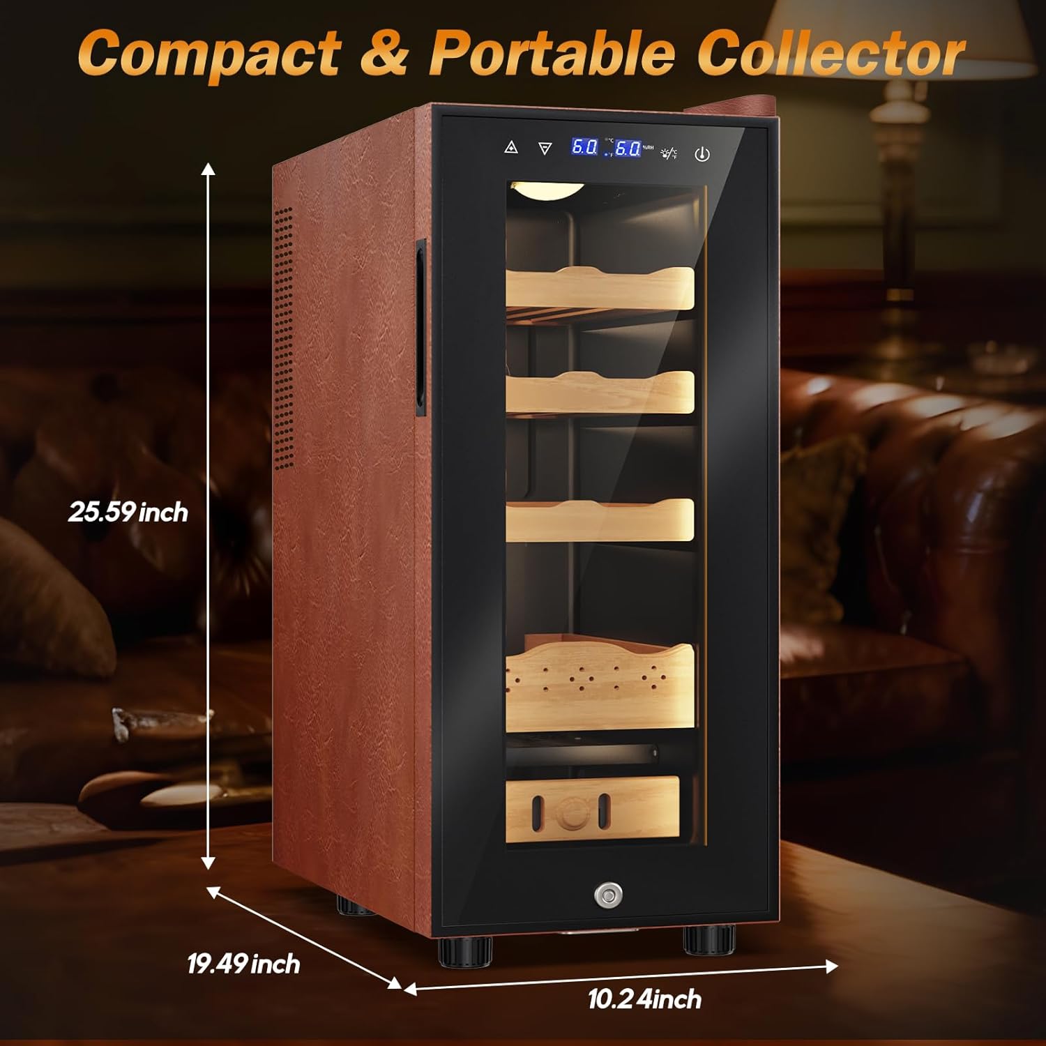Electric Humidor with Leather-35L Cooling & Heating Humidor, Smart Touch Control Humidity & Temp, Humidors wtih Spanish Cedar Wood Tray, Digital Display, Safety Lock, Desktop Gift for Men